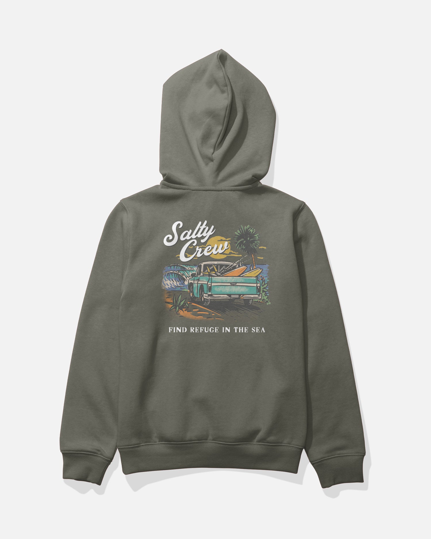 Introducing the Salty Crew Truck Bed Boys Fleece - Laurel Wreath: a green, mid-weight cotton-polyester hoodie adorned with Salty Crew branding and an illustration of a truck, surfboards, palm trees, and the statement “Find Refuge In The Sea” on the back. This comfortable hoodie also features a classic kangaroo pocket for added style and functionality.