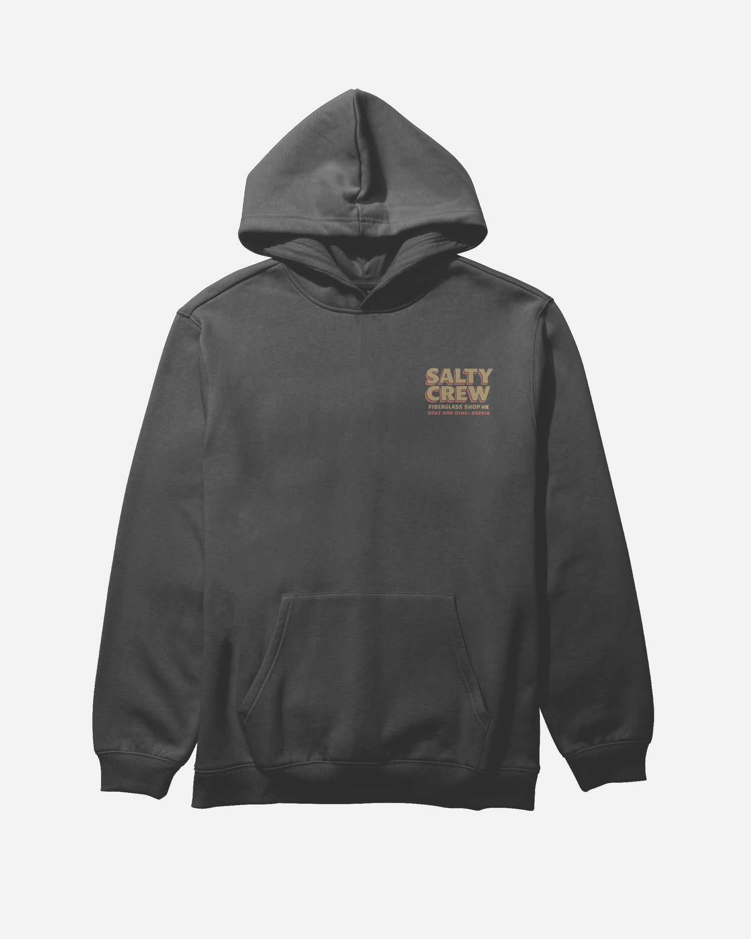 The Salty Crew Fiberglass Heavyweight Fleece in washed black is a dark gray hoodie with a front pocket and "Salty Crew" printed in yellow on the left chest, displayed on a plain light background.