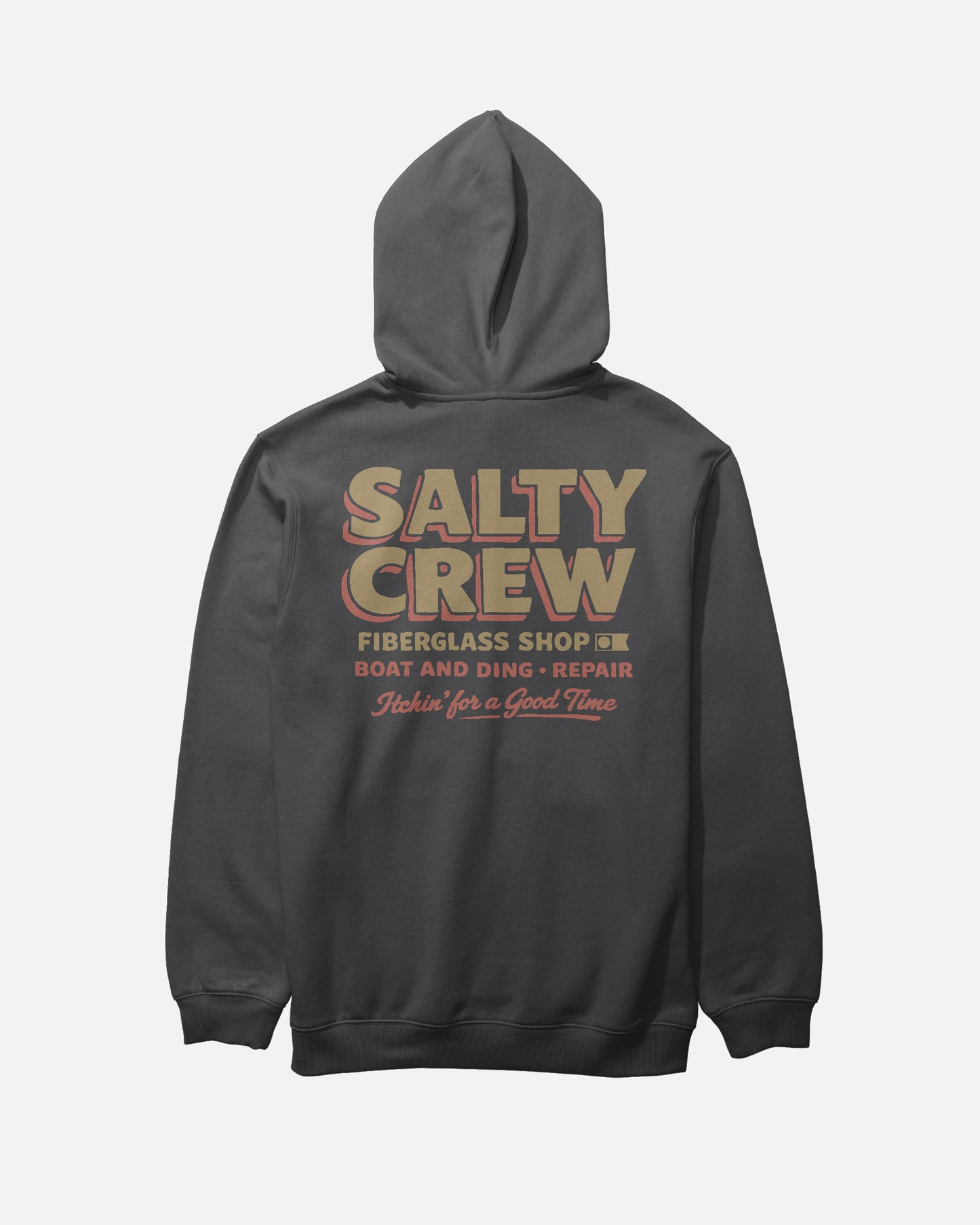 The Salty Crew Fiberglass Heavyweight Fleece in washed black features a bold beige SALTY CREW logo on the back with "FIBERGLASS SHOP, BOAT AND DING REPAIR, Itchin for a Good Time" in beige and red lettering.