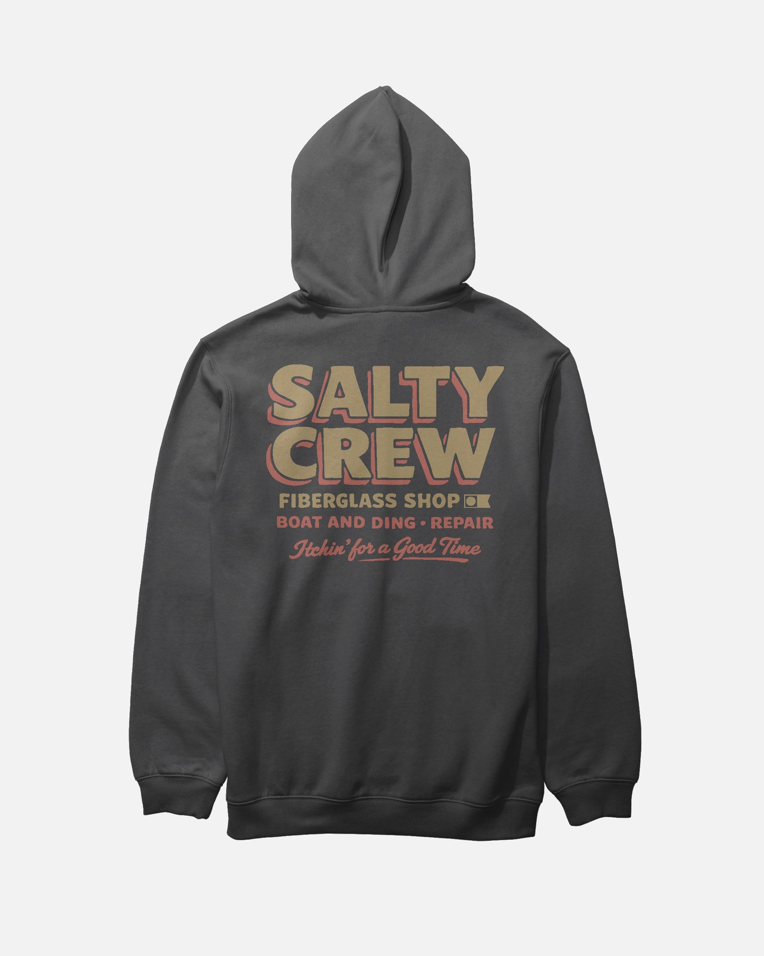 The Salty Crew Fiberglass Heavyweight Fleece in washed black features a bold beige SALTY CREW logo on the back with "FIBERGLASS SHOP, BOAT AND DING REPAIR, Itchin for a Good Time" in beige and red lettering.