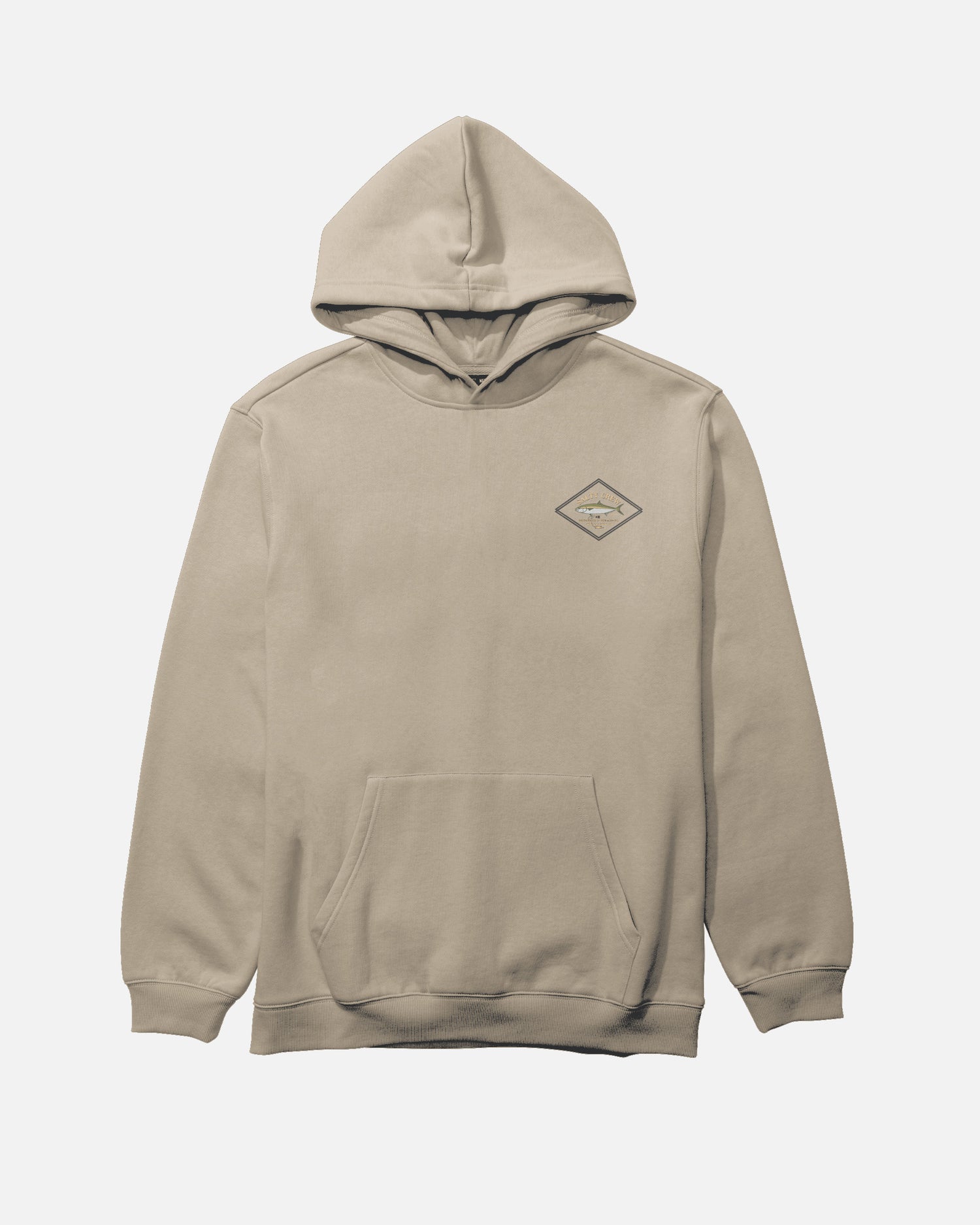 The Salty Crew Yellowtail Heavyweight Fleece in Washed Stone is a beige hoodie with a front pouch pocket and a small diamond-shaped fish logo on the left chest, shown against a white background.