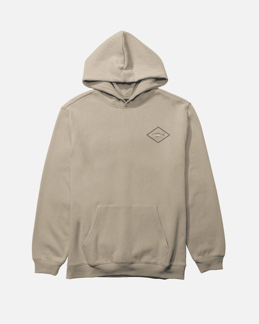 The Salty Crew Yellowtail Heavyweight Fleece in Washed Stone is a beige hoodie with a front pouch pocket and a small diamond-shaped fish logo on the left chest, shown against a white background.