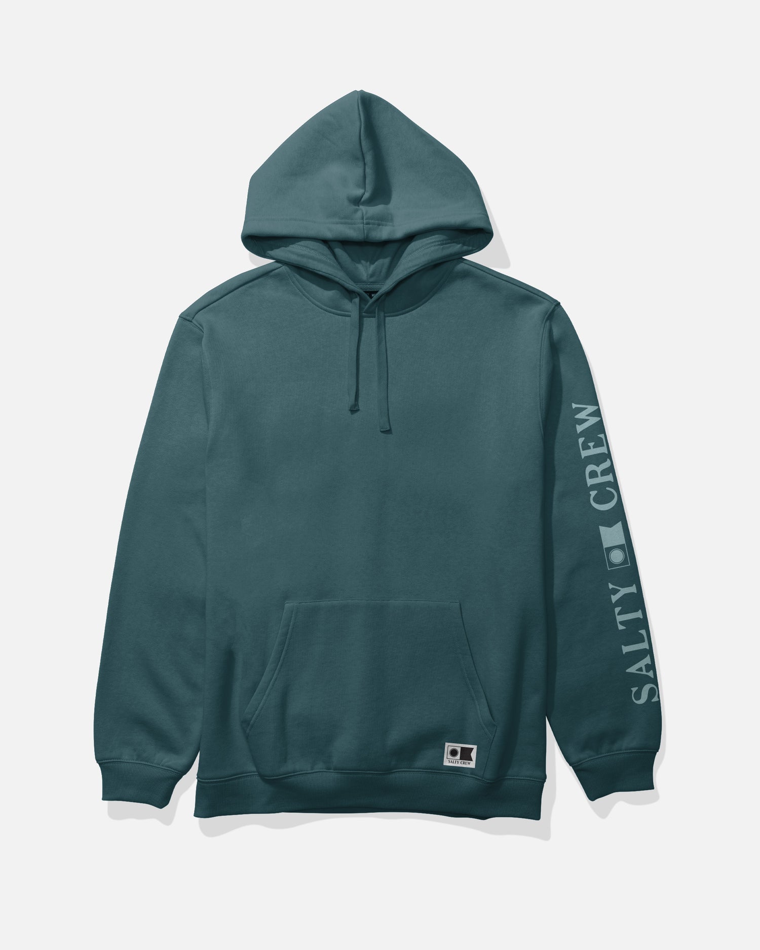 Introducing the Salty Crew Refuge Fleece in Atlantic Blue—a cotton-polyester hoodie featuring a drawcord hood and kangaroo pocket. SALTY CREW is printed in white on the right sleeve, and a small rectangular patch near the pocket adds extra style.