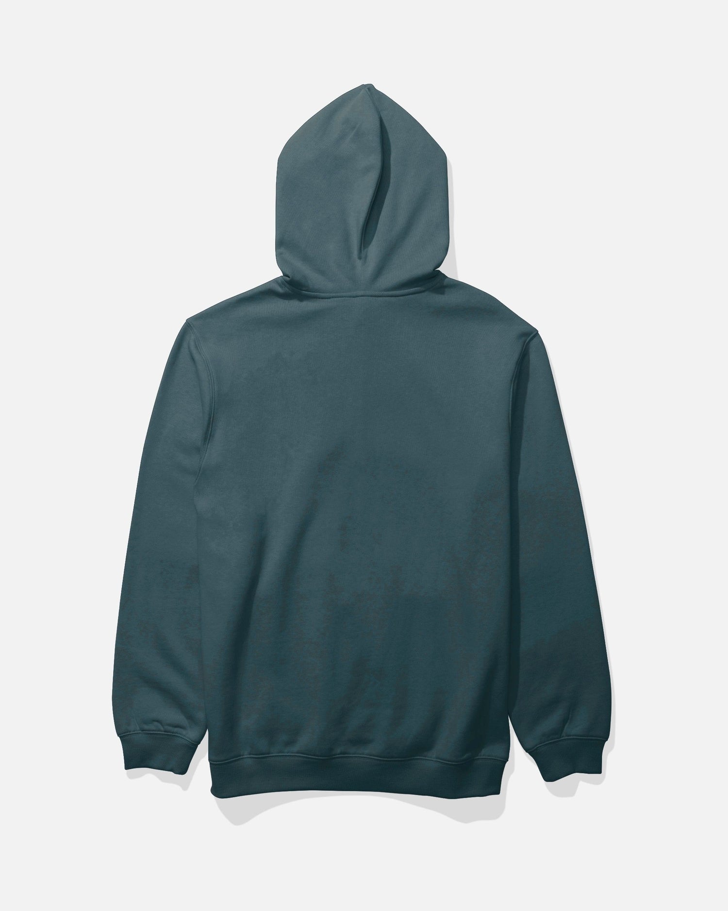 The Salty Crew Refuge Fleece hoodie in Atlantic Blue is displayed flat, showcasing the back side with the drawcord hood up and sleeves extended.