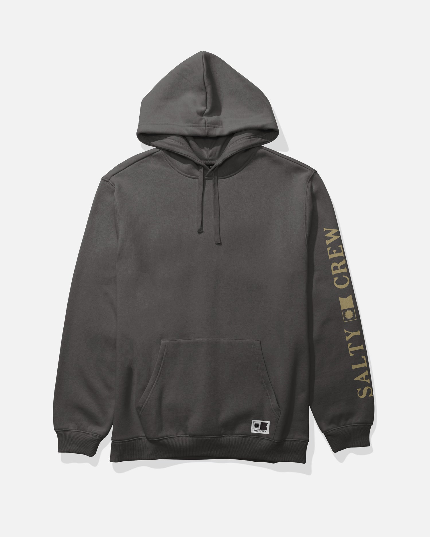 The Salty Crew Refuge Fleece in dark grey is a cotton-polyester hoodie featuring a kangaroo pocket and an adjustable drawcord hood. Bold yellow “SALTY CREW” lettering and a square logo accent the right sleeve. The hoodie is shown against a plain white background.