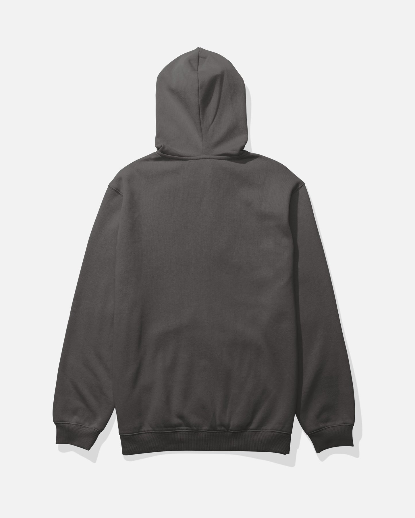 The Salty Crew Refuge Fleece hoodie in Dark Grey is shown laid flat, facing backward on a white background. This mid-weight hoodie features a classic and versatile design for comfortable everyday wear.