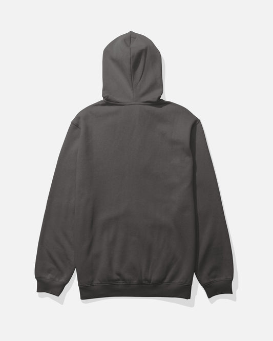 The Salty Crew Refuge Fleece hoodie in Dark Grey is shown laid flat, facing backward on a white background. This mid-weight hoodie features a classic and versatile design for comfortable everyday wear.