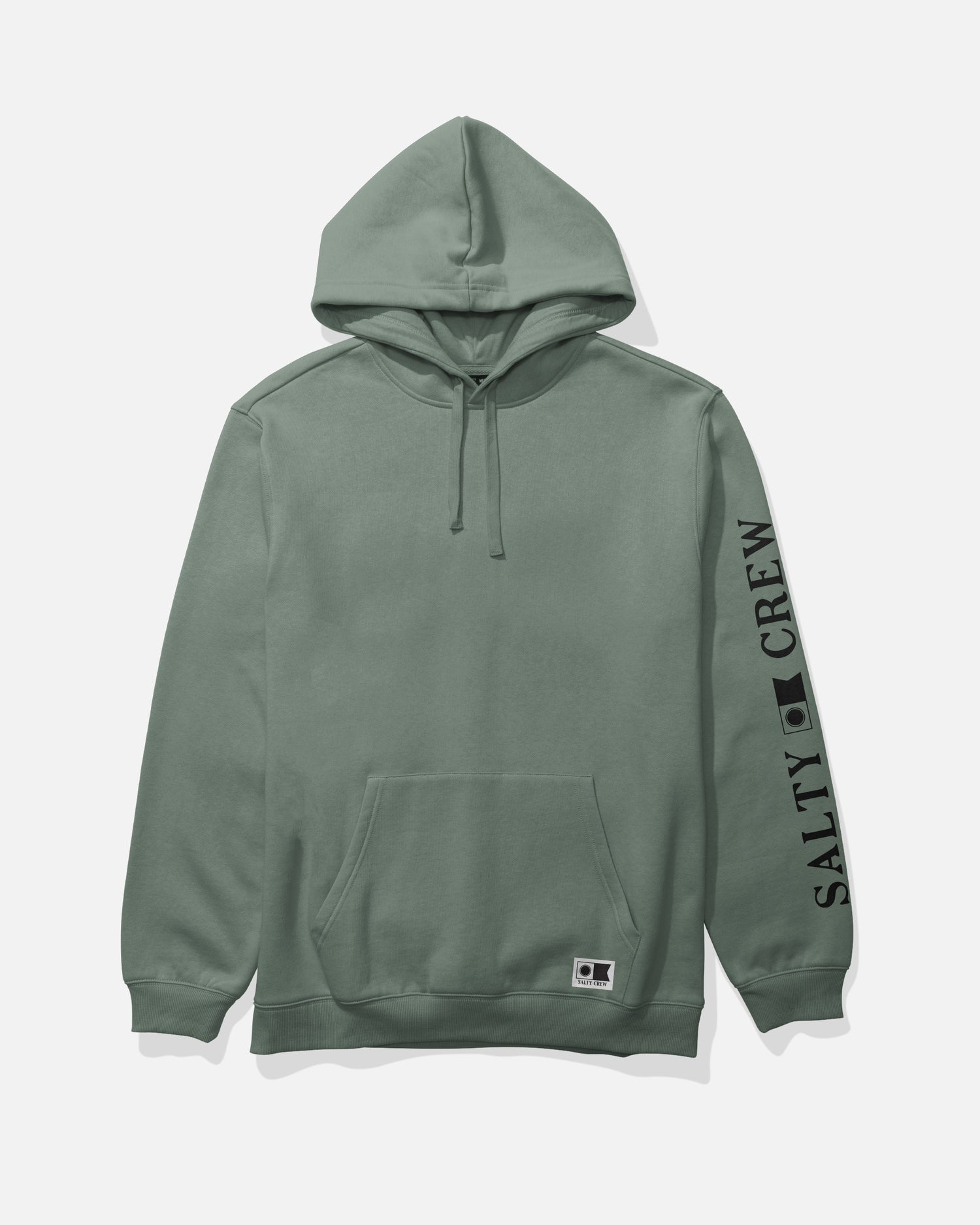 The Refuge Fleece - Laurel Wreath by Salty Crew is a sage green mid weight hoodie crafted from a comfortable cotton-polyester blend, featuring an adjustable drawstring hood and a handy kangaroo pocket. It displays “SALTY CREW” printed in black on the right sleeve and includes a small rectangular logo near the pocket.
