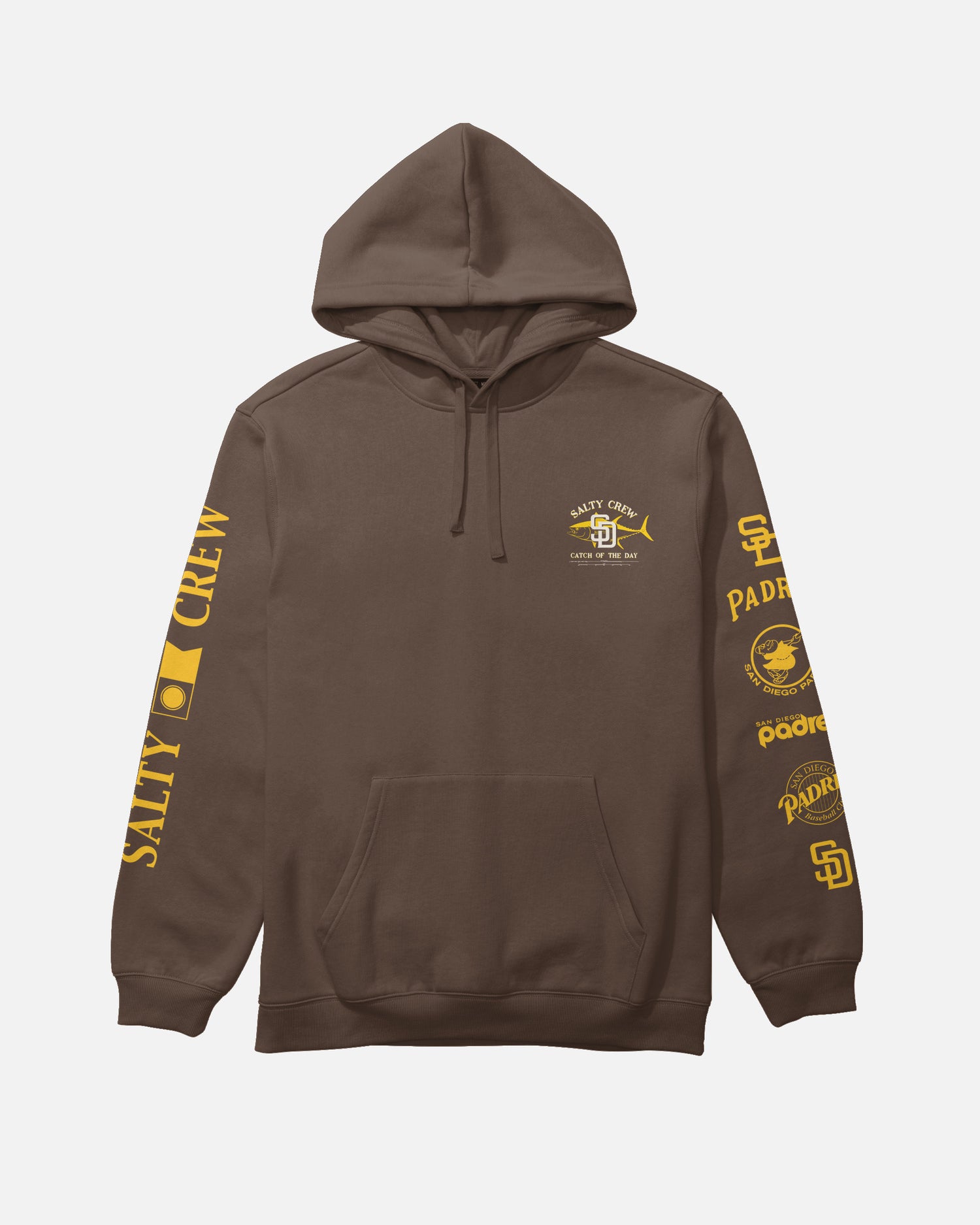 The Padres Catch of the Day Fleece by Salty Crew is a brown hooded sweatshirt featuring yellow “Salty Crew” text and a fish graphic on the chest, with additional yellow graphics—including San Diego Padres logos and symbols—on both sleeves. This limited edition hoodie also comes with a convenient front pocket.