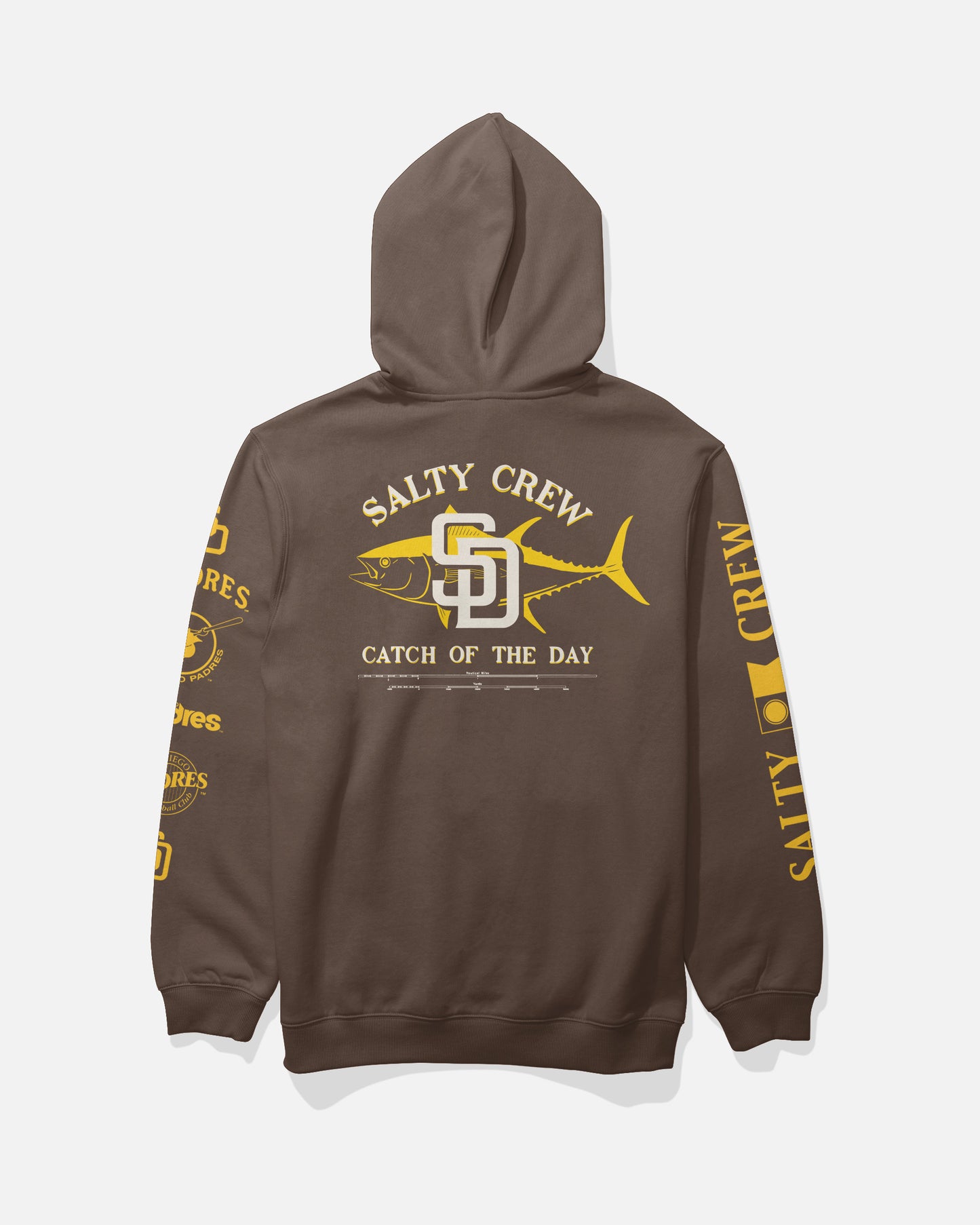 Introducing the Padres Catch of the Day Fleece in brown from Salty Crew—a limited edition hoodie featuring exclusive “Catch of the Day” text, a bold fish graphic, and yellow detailing with Salty Crew logos on the back and sleeves. Perfect for fans seeking standout San Diego Padres-inspired style.