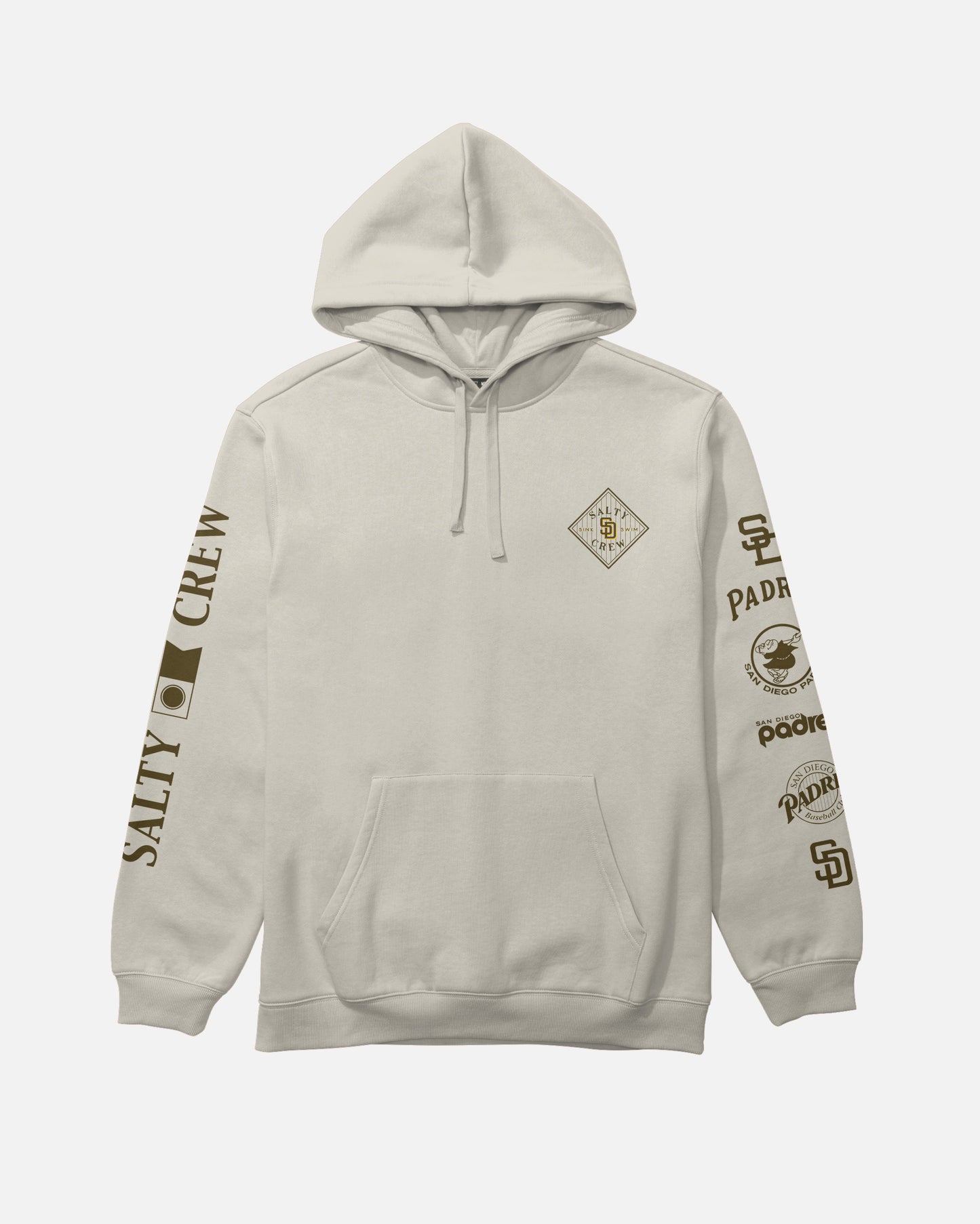 The Padres Tippet Fleece - Bone by Salty Crew is a light beige hoodie featuring multiple brown logos and text on the chest, sleeves, and right side, including limited edition SALTY CREW details and several circular San Diego Padres-themed graphics.