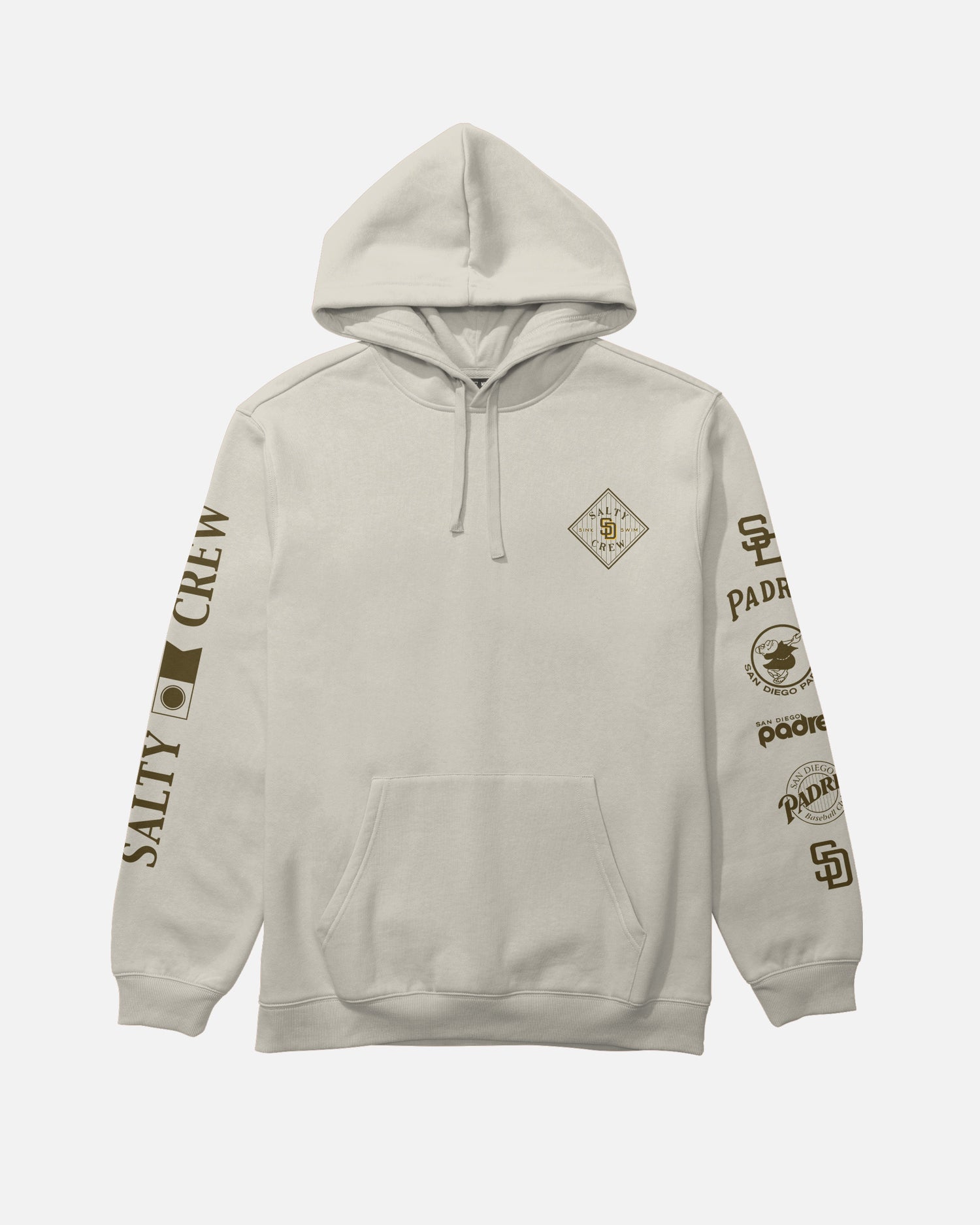 The Padres Tippet Fleece - Bone by Salty Crew is a light beige hoodie featuring multiple brown logos and text on the chest, sleeves, and right side, including limited edition SALTY CREW details and several circular San Diego Padres-themed graphics.