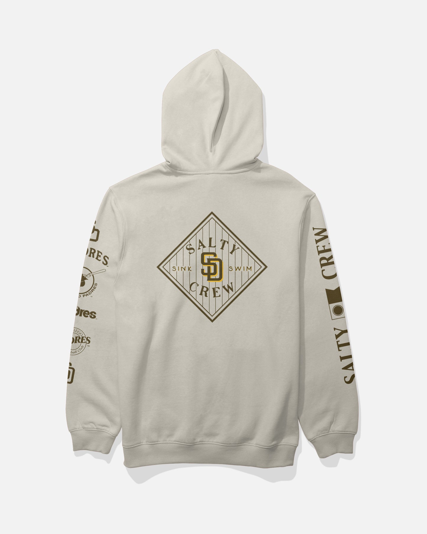 Introducing the Salty Crew Padres Tippet Fleece in Bone—a beige hooded sweatshirt highlighted by a bold Salty Crew diamond logo on the back and distinctive brown graphics and text down each sleeve. This limited edition piece is ideal for fans of unique streetwear style.