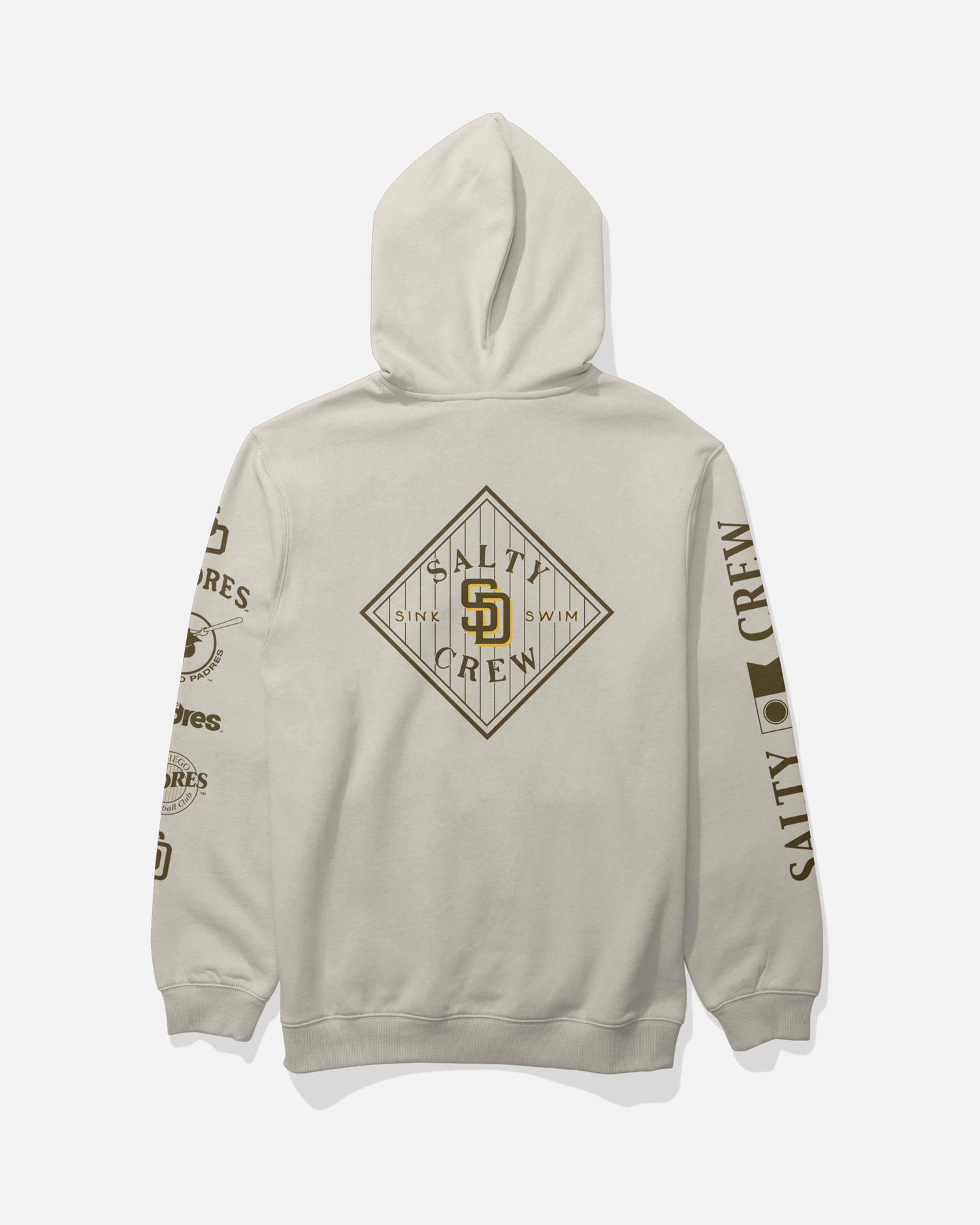 Introducing the Salty Crew Padres Tippet Fleece in Bone—a beige hooded sweatshirt highlighted by a bold Salty Crew diamond logo on the back and distinctive brown graphics and text down each sleeve. This limited edition piece is ideal for fans of unique streetwear style.