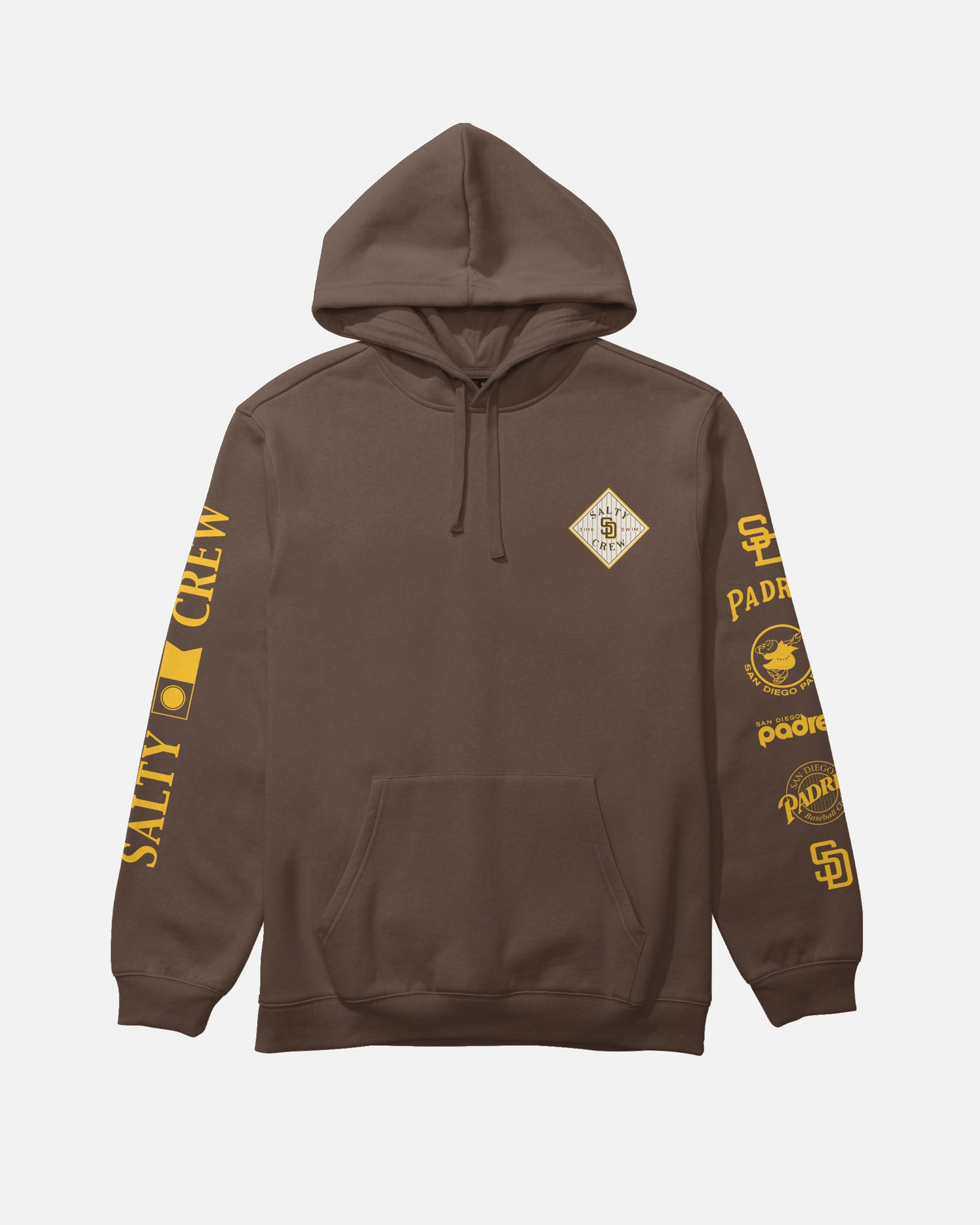 Introducing the Padres Tippet Fleece - Brown by Salty Crew—a limited edition hoodie featuring a small diamond-shaped Salty Crew logo on the chest and striking yellow SALTY CREW text with assorted logos and graphics down both sleeves. With a front pocket and adjustable drawstrings, this stylish fleece is perfect for San Diego Padres fans or anyone seeking standout exclusive gear.