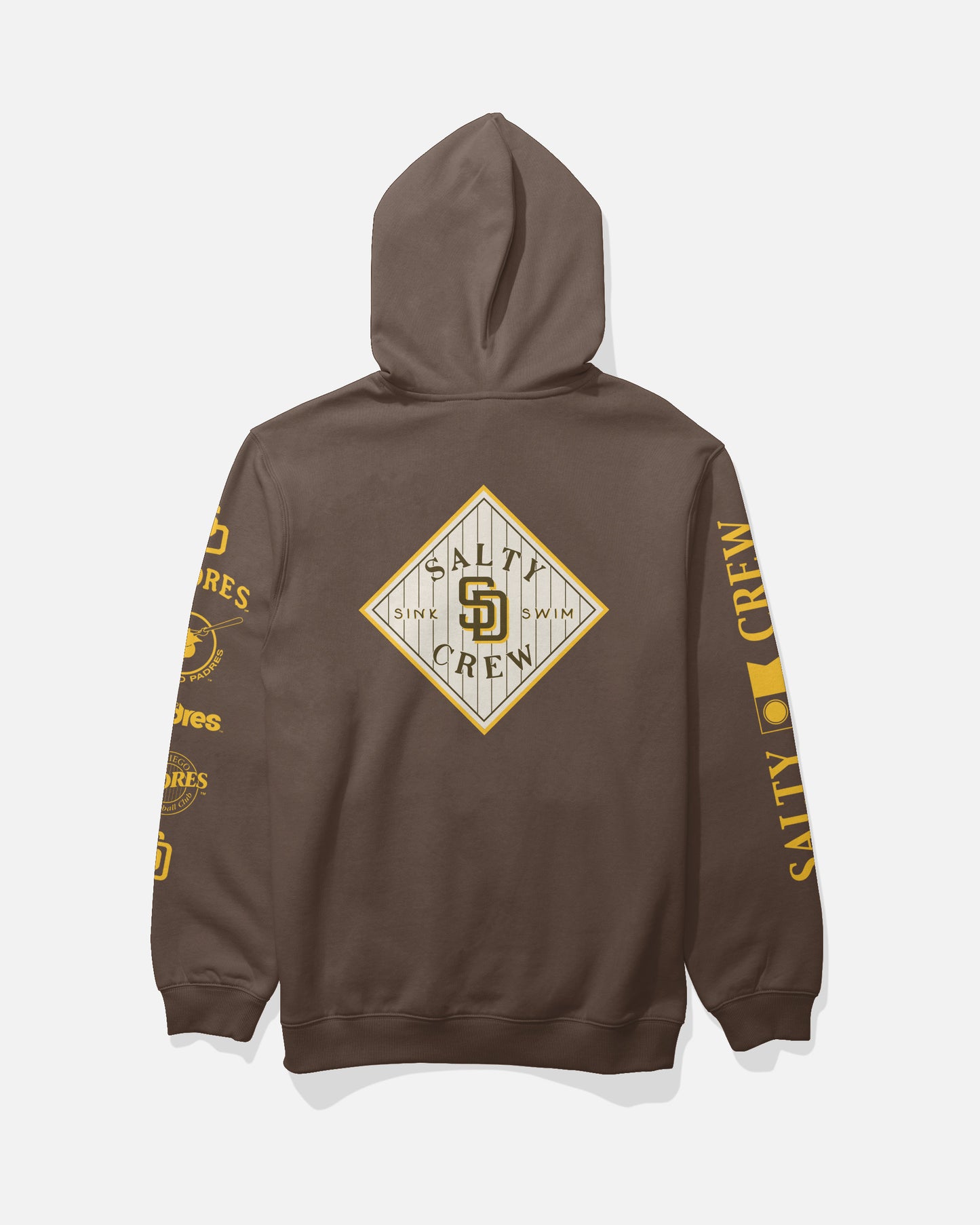 The Padres Tippet Fleece - Brown by Salty Crew is displayed from the back, showcasing a diamond-shaped logo on the center back and yellow San Diego Padres and Salty Crew branding printed down both sleeves against a solid light background.