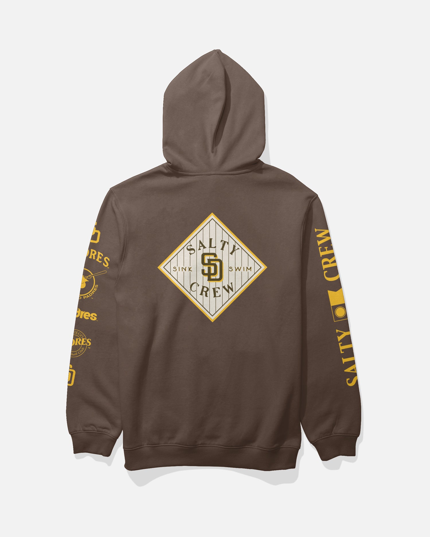 The Padres Tippet Fleece - Brown by Salty Crew is displayed from the back, showcasing a diamond-shaped logo on the center back and yellow San Diego Padres and Salty Crew branding printed down both sleeves against a solid light background.