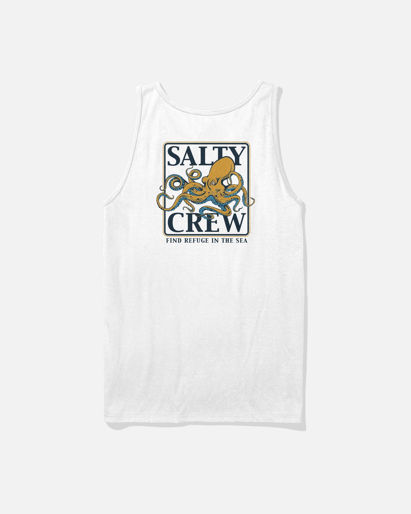 The Salty Crew Ink Slinger Tank in white features a back screenprint of an orange octopus, blue waves, and "Salty Crew" above "Find Refuge in the Sea" in blue and black text.