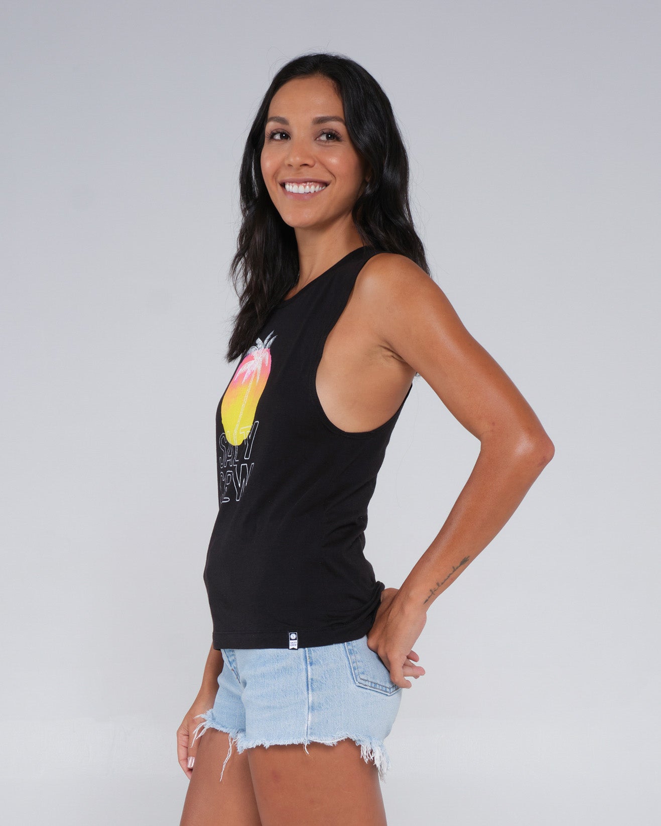 front angled Summer Vibe Black Muscle Tank