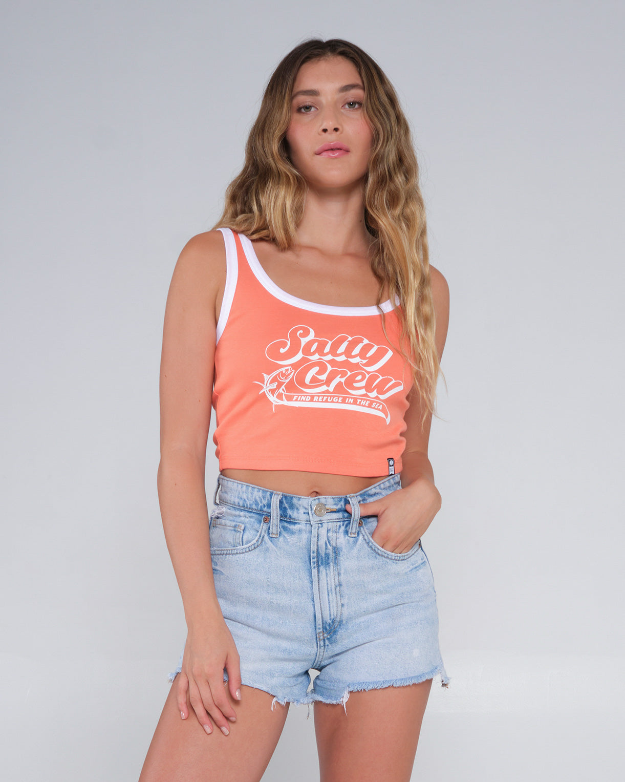 alternate front angled Retro Catch Hot Coral Tank