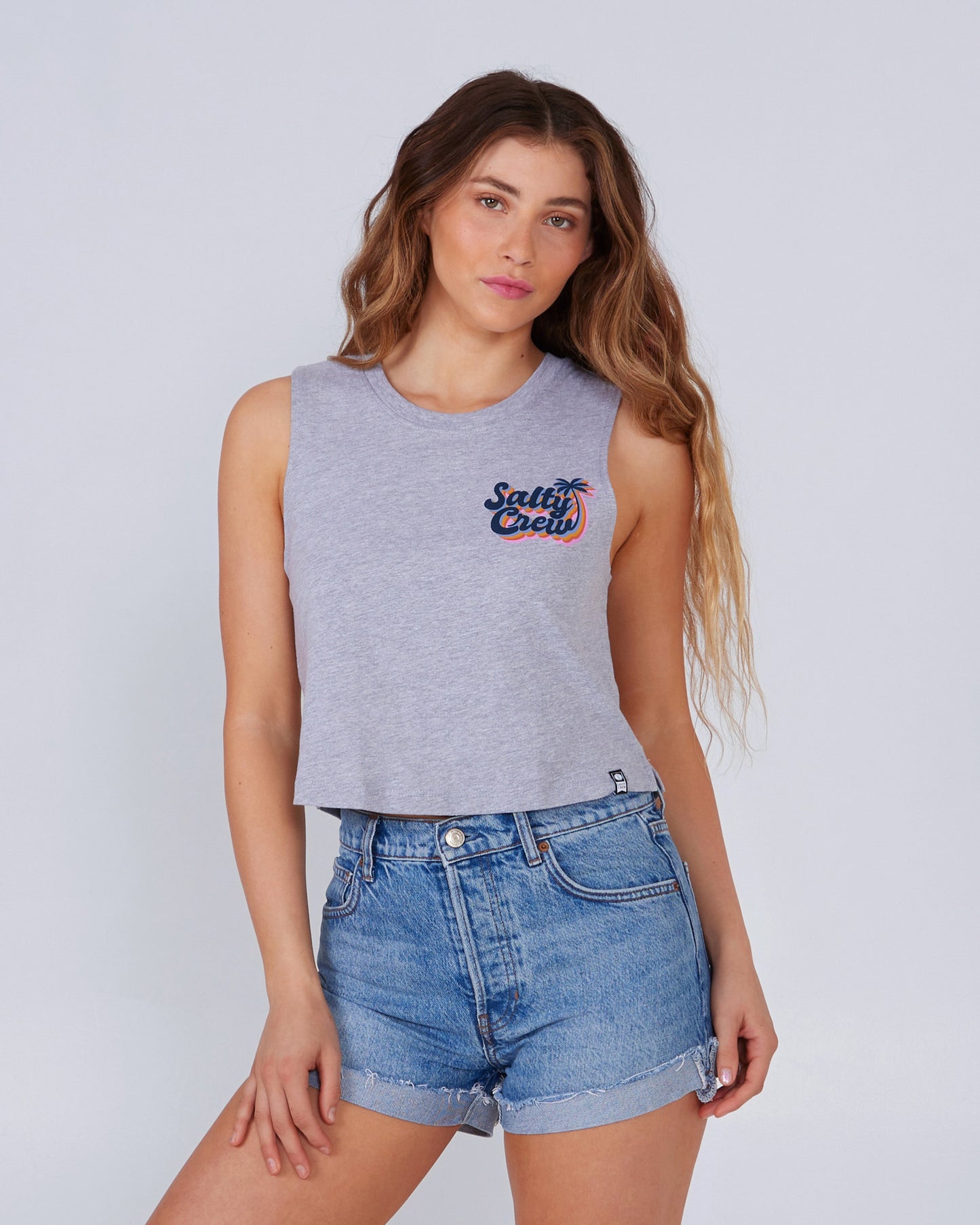 front view of Salty Seventies Athletic Heather Cropped Tank