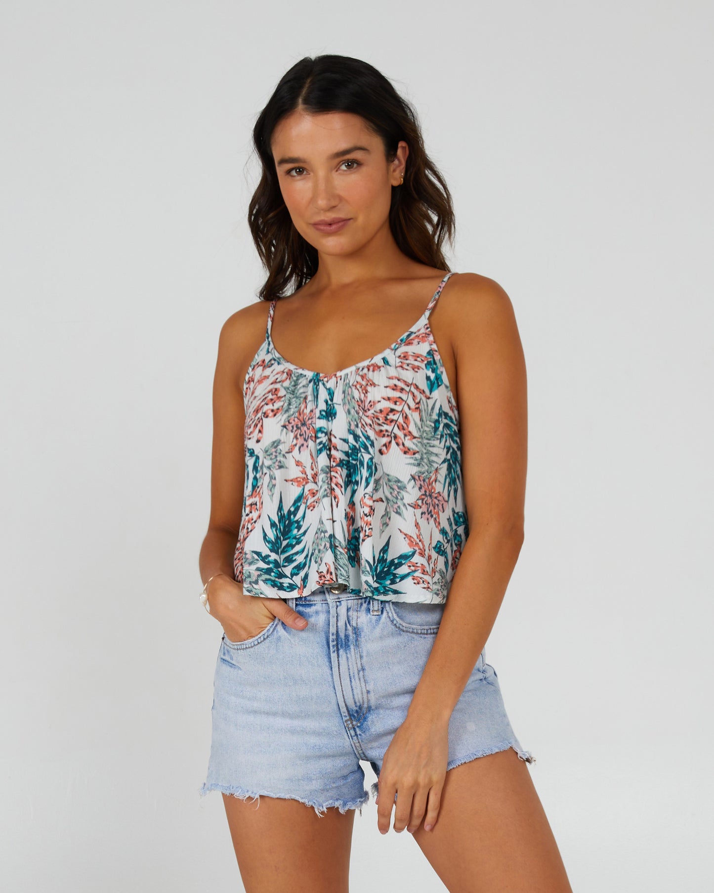 On body front of the Desert Island Cami - White Tropic. 