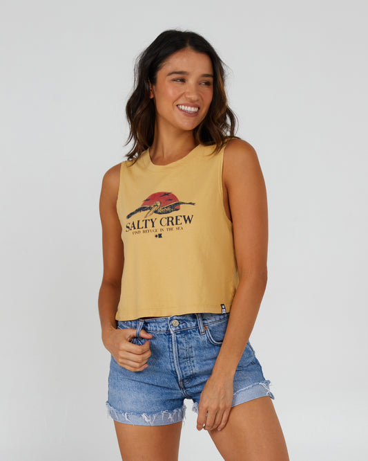 front view of Soarin' Dusty Gold Cropped Tank