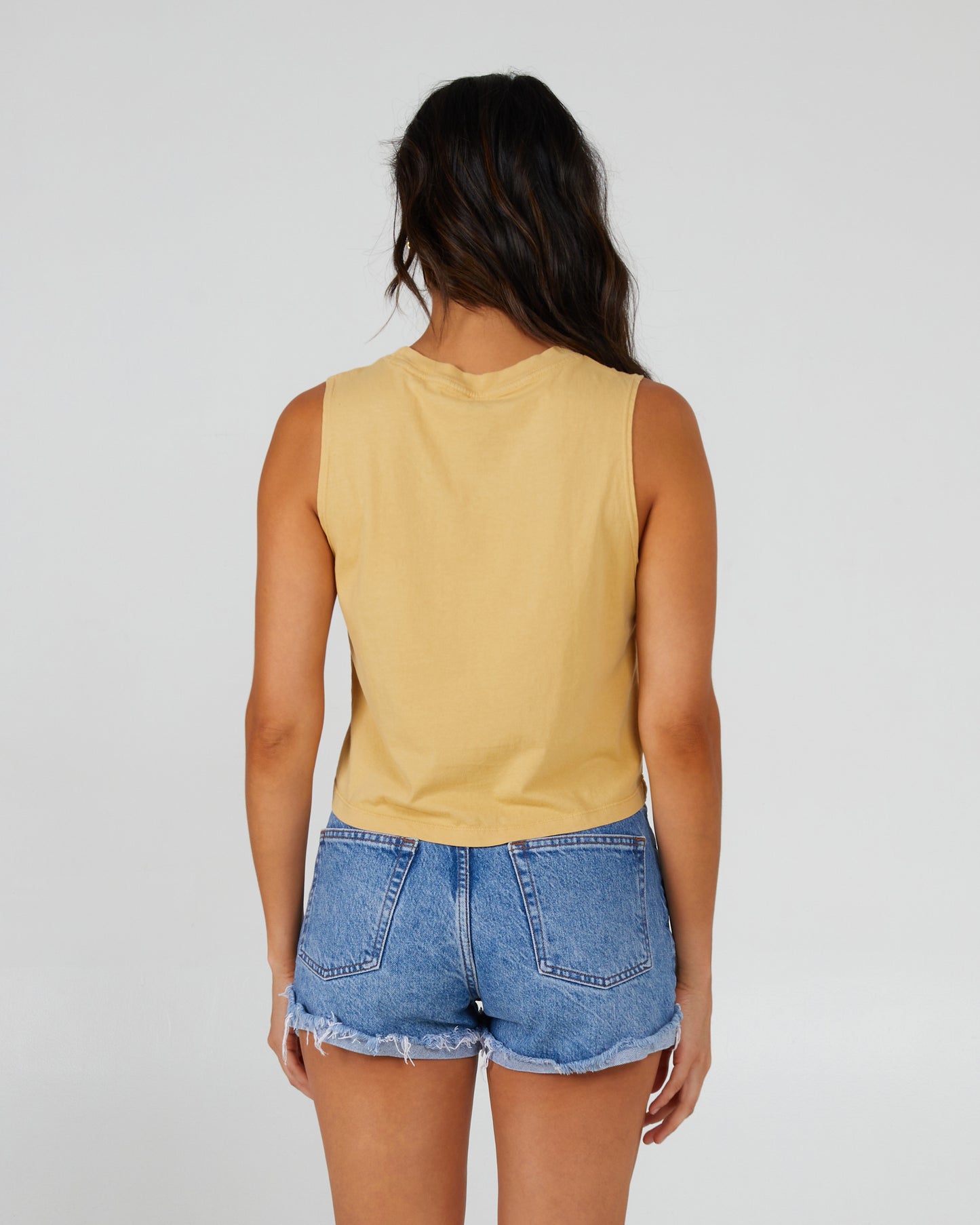back view of Soarin' Dusty Gold Cropped Tank