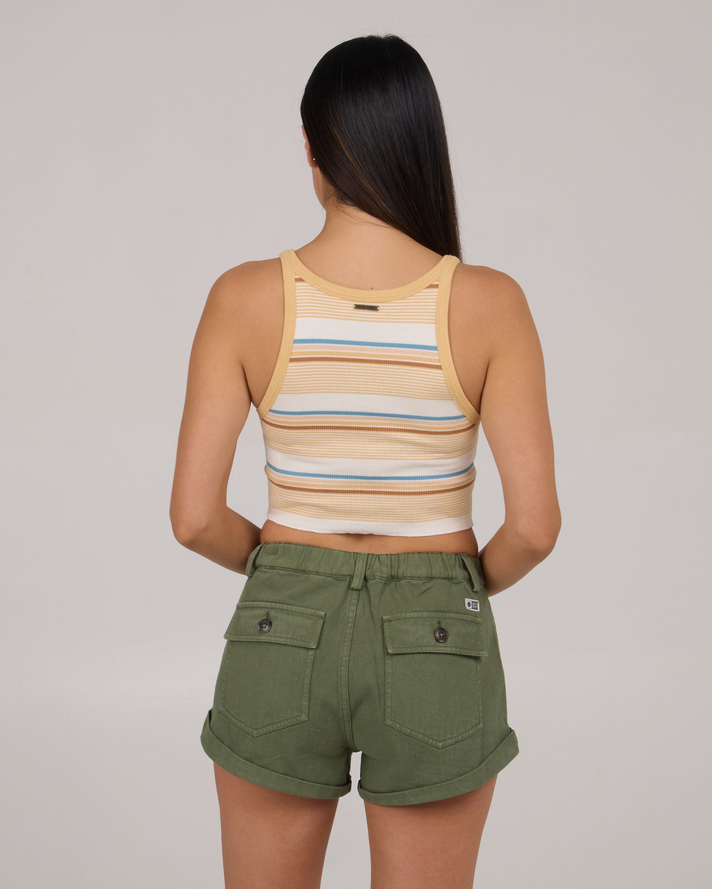 On body back view of Layover Tank - Dusty Gold