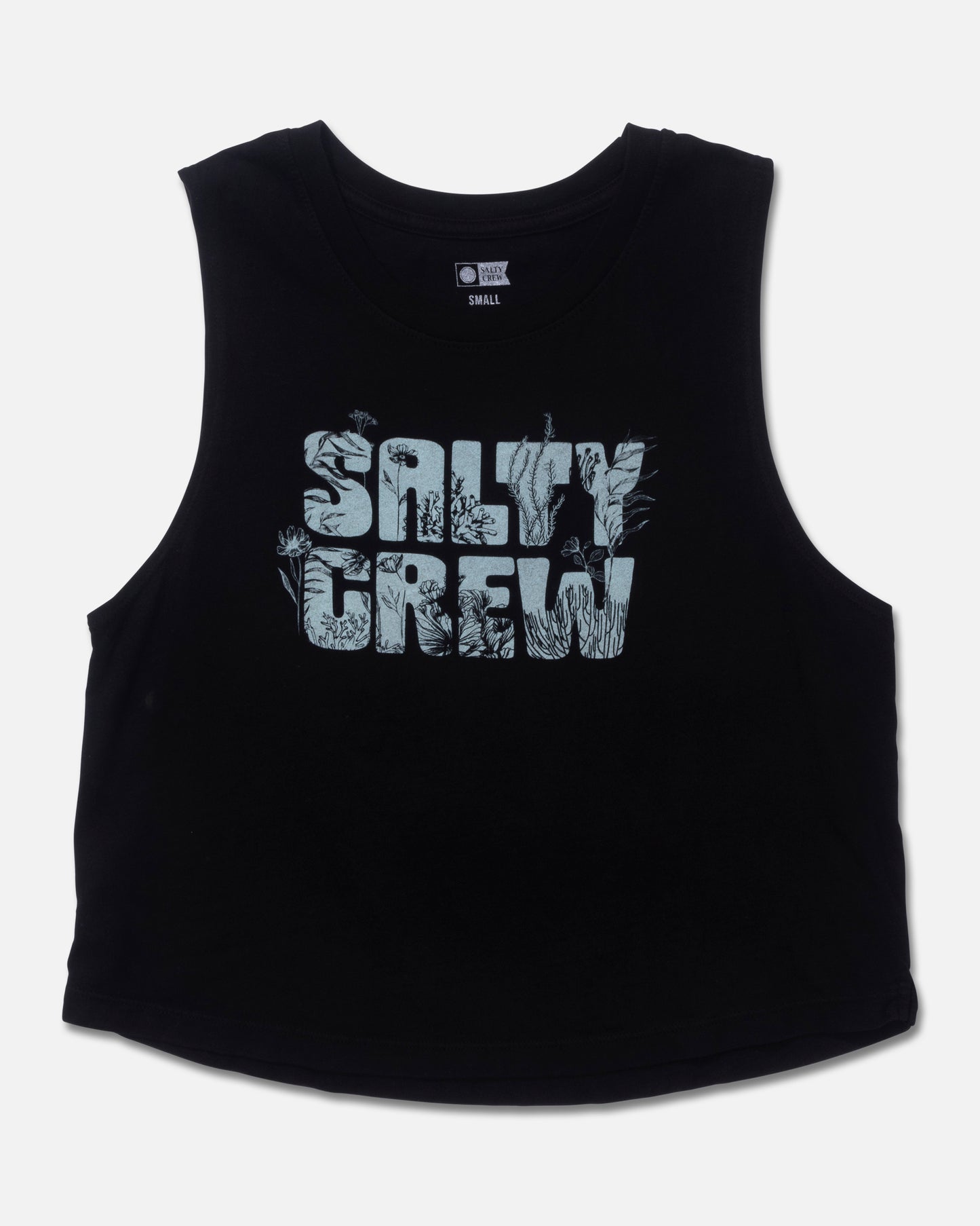 Front view of the Sea Life Cropped Tank - Black. 