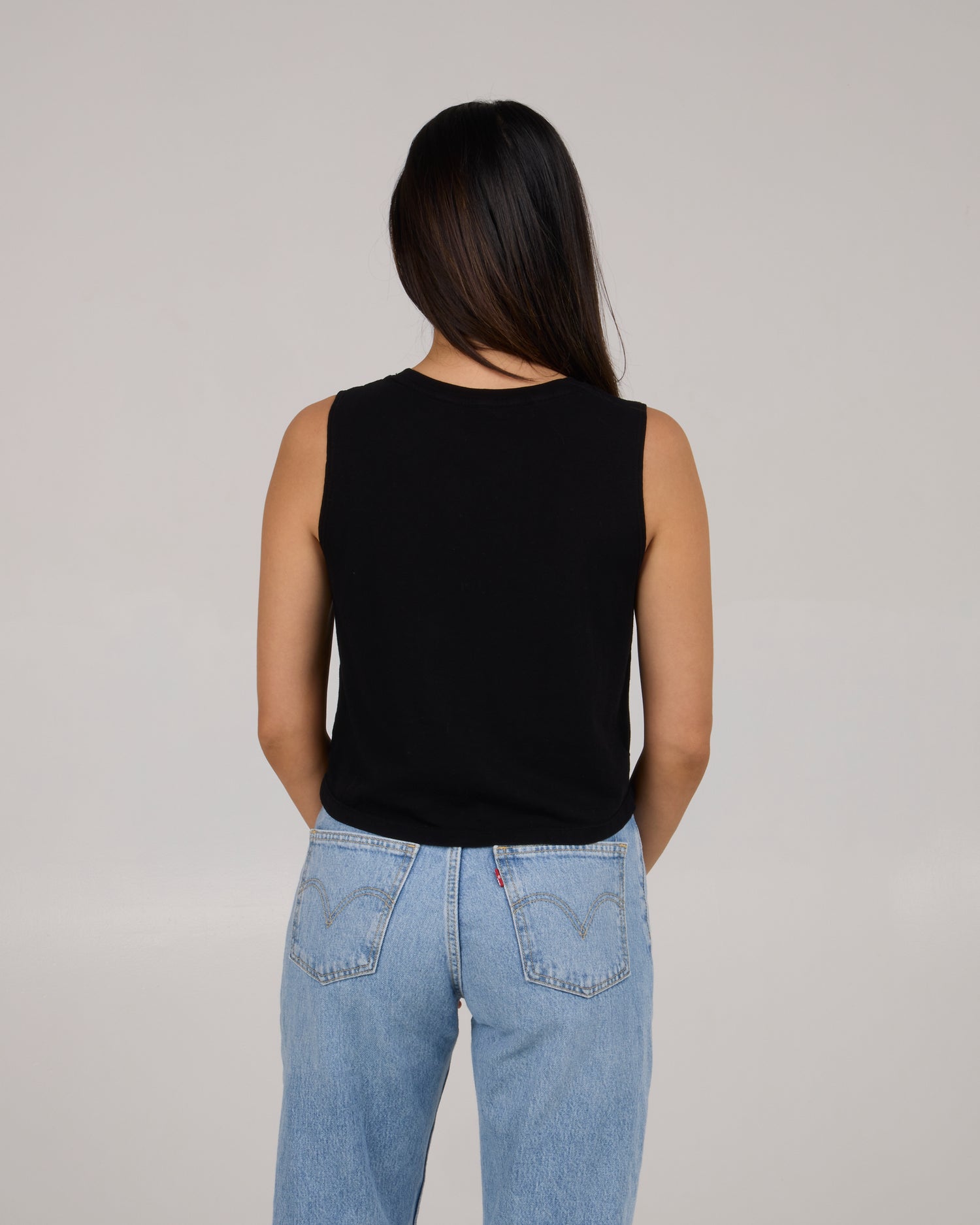 On body back view of Sea Life Cropped Tank - Black