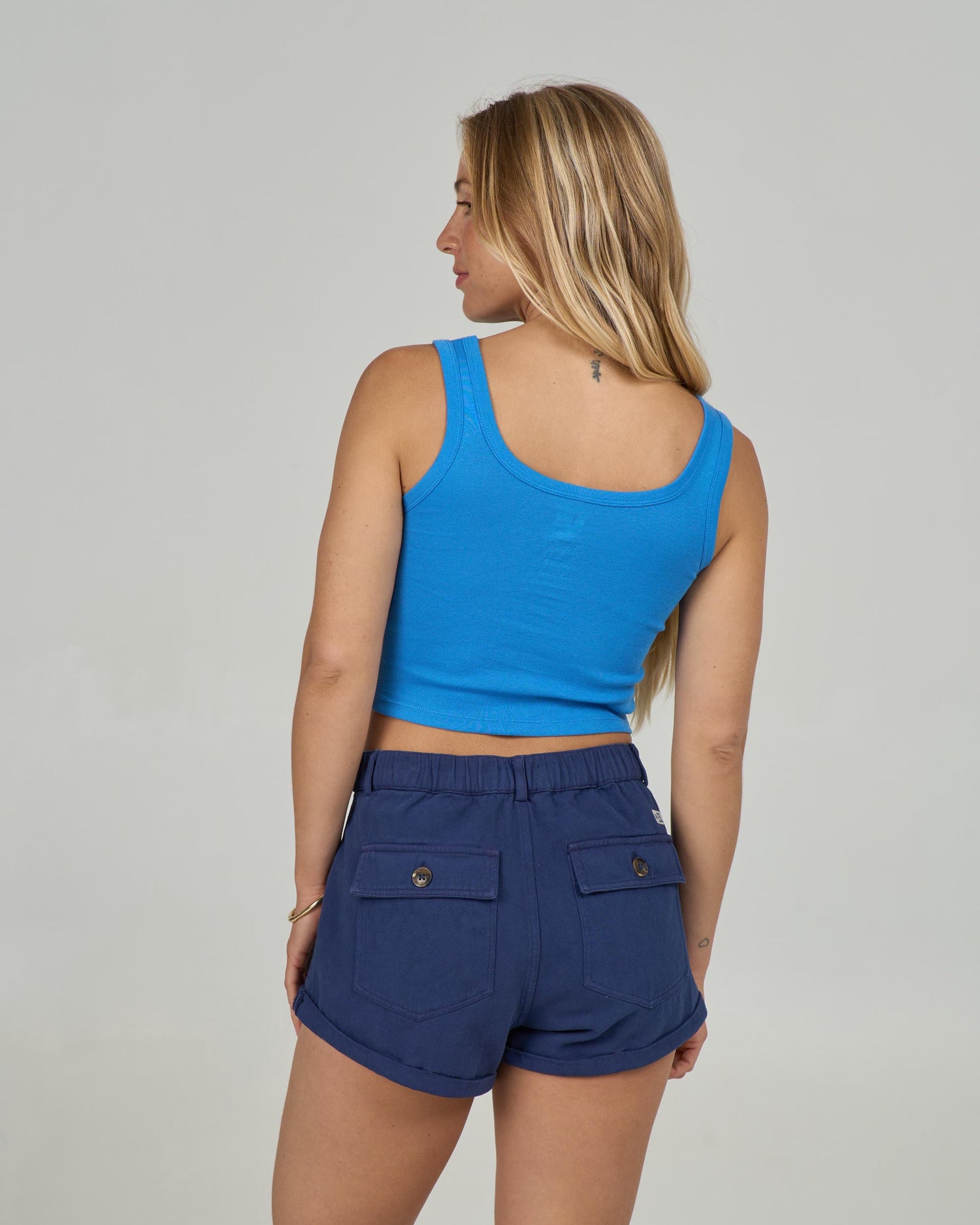 Back view of the Unscripted Tank - Bold Blue. 