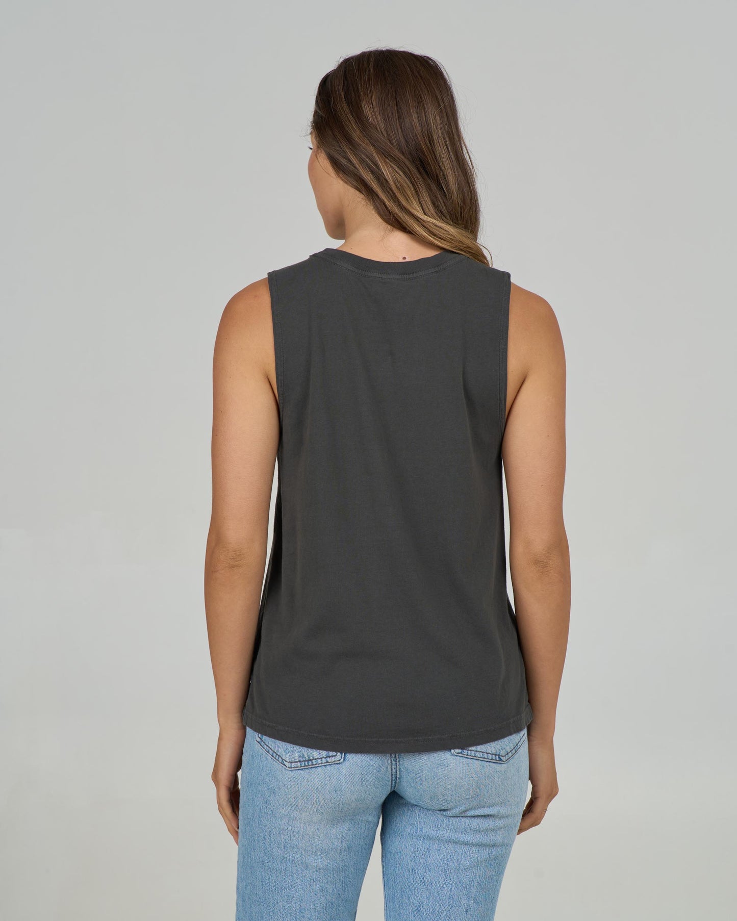 Back view of the Keyhole Muscle Tank - Charcoal. 