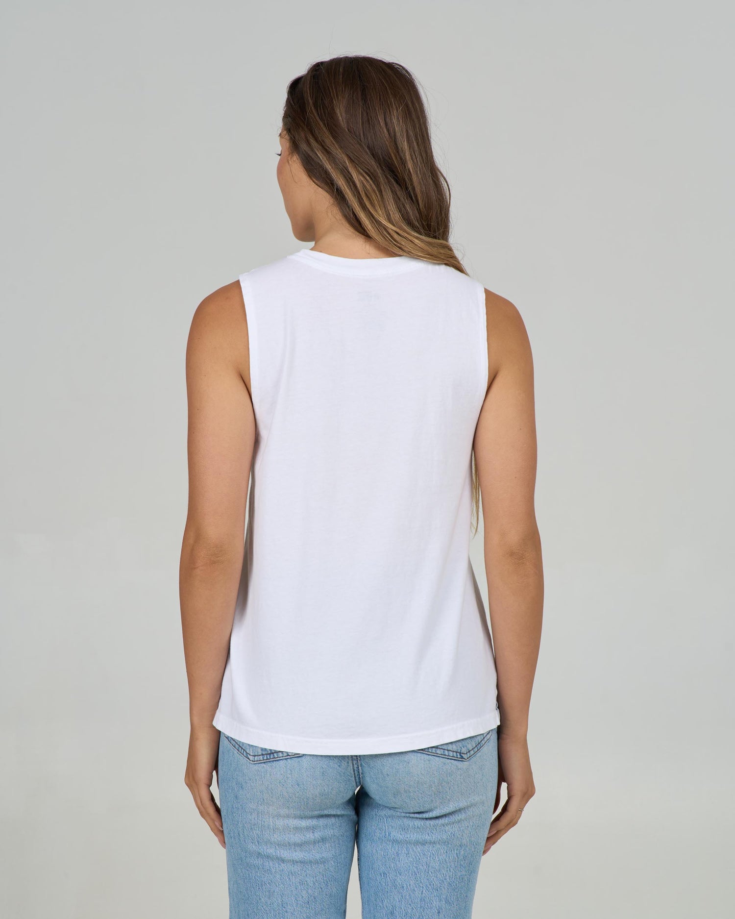 Back view of the Keyhole Muscle Tank - White. 