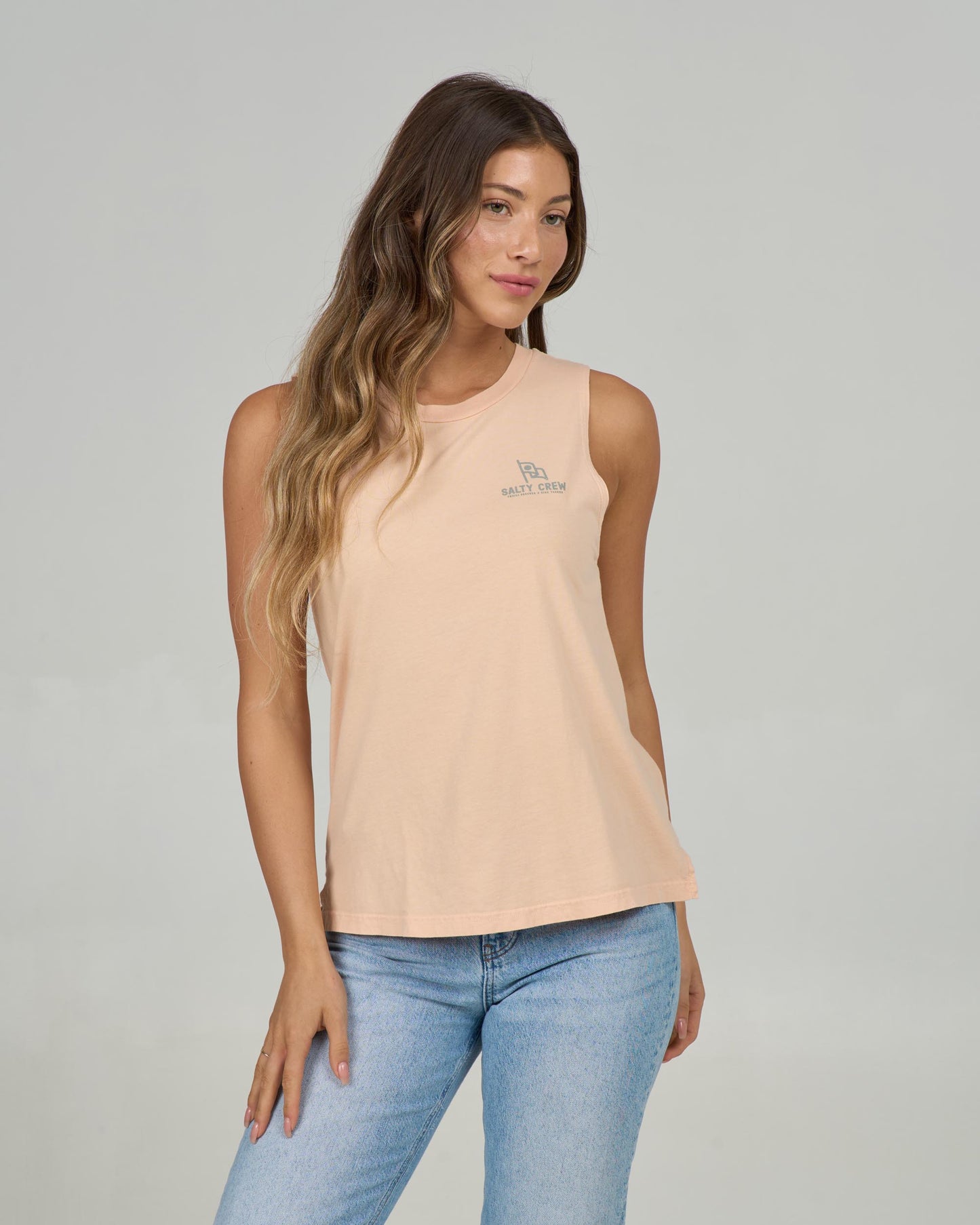 Front view of the Flying High Muscle Tank - Apricot. 