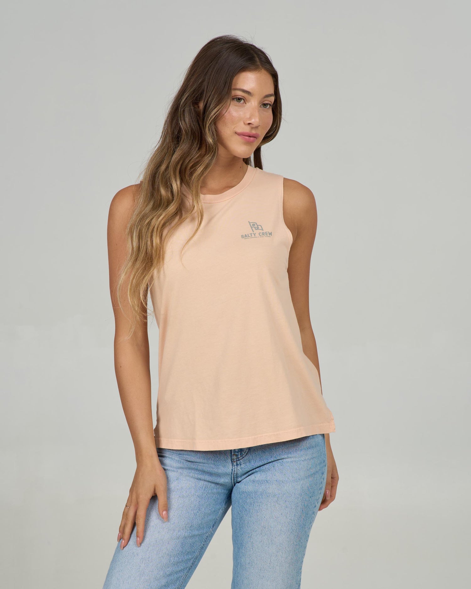 Front view of the Flying High Muscle Tank - Apricot. 