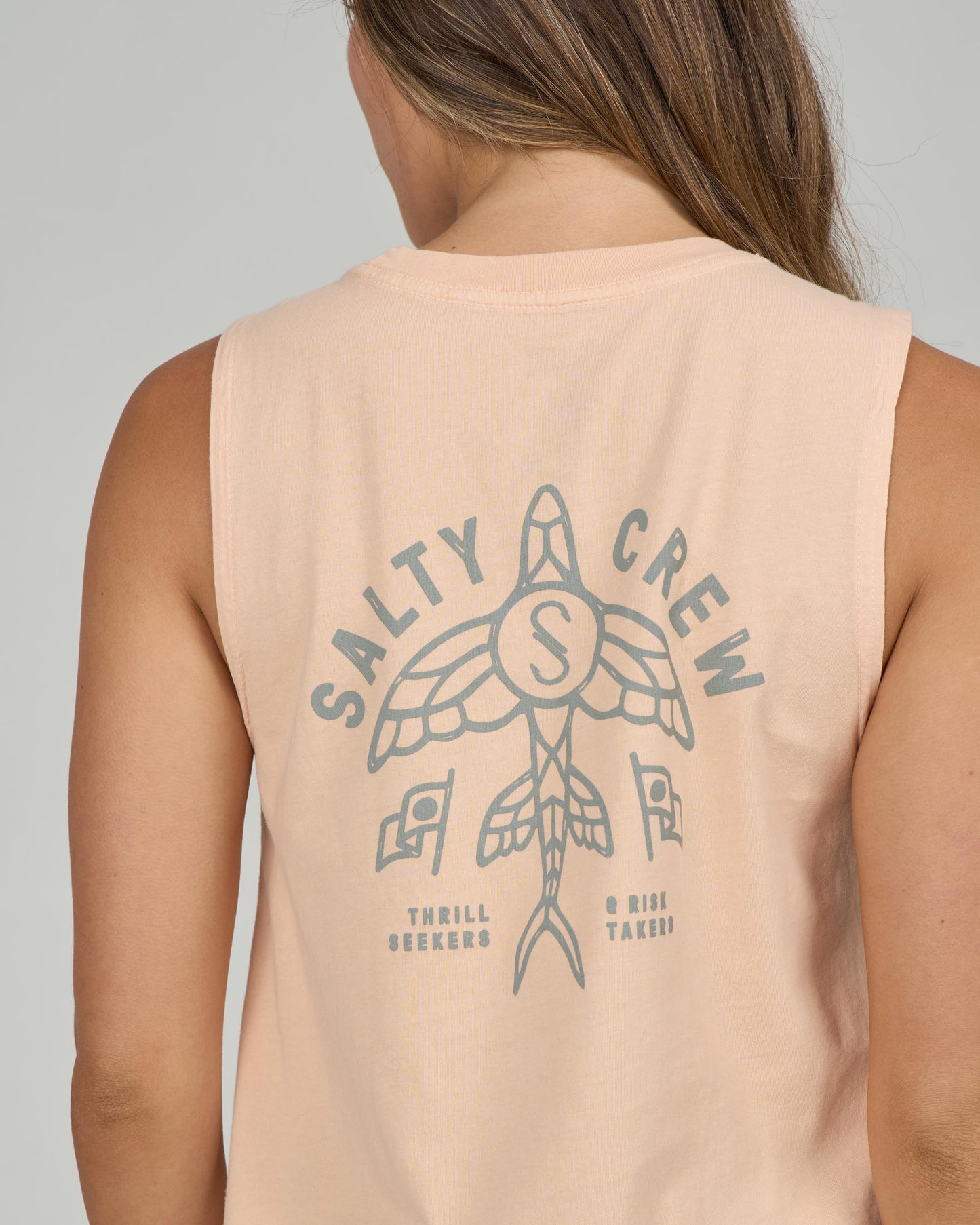 Close up back view of the Flying High Muscle Tank - Apricot. 