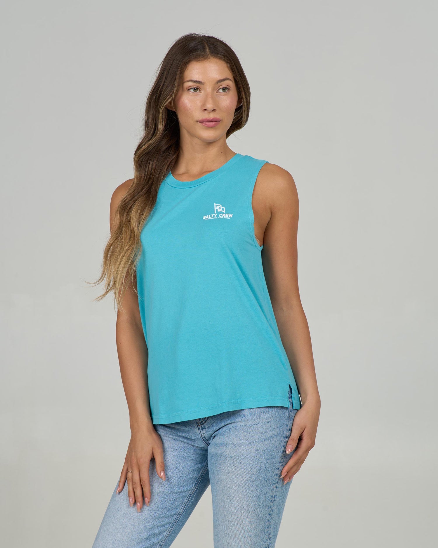 Front view of the Flying High Muscle Tank - Turquoise. 