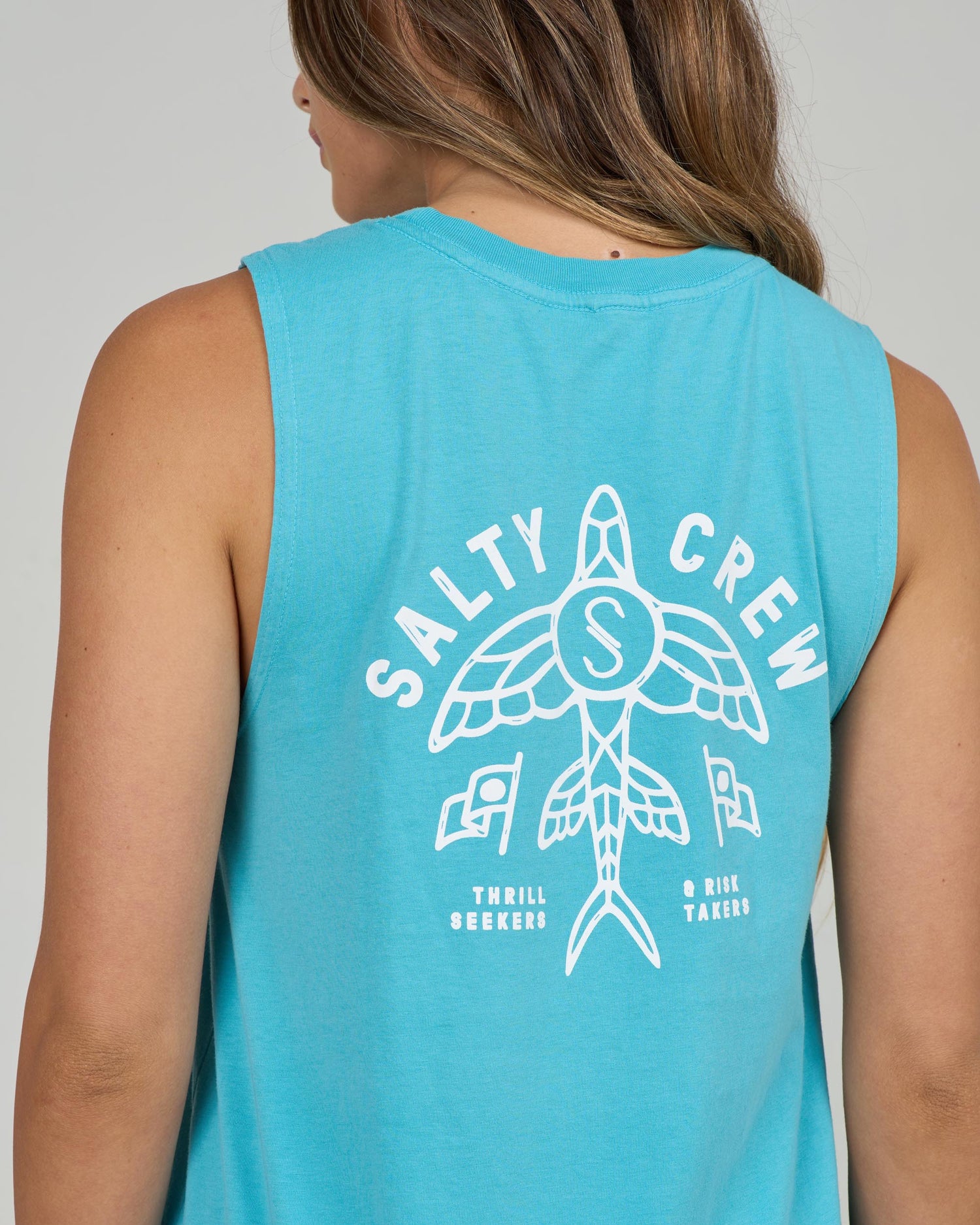 Close up back view of the Flying High Muscle Tank - Turquoise. 