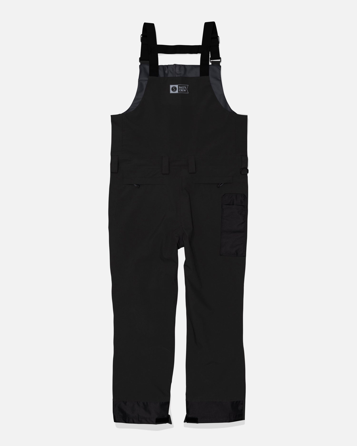 Salty Crew Long Range Tech Bib - Black, ultra-waterproof snow pants with adjustable shoulder straps, front chest pocket, side waist adjusters, and a right leg zippered cargo pocket—ideal for tough fishing gear needs.