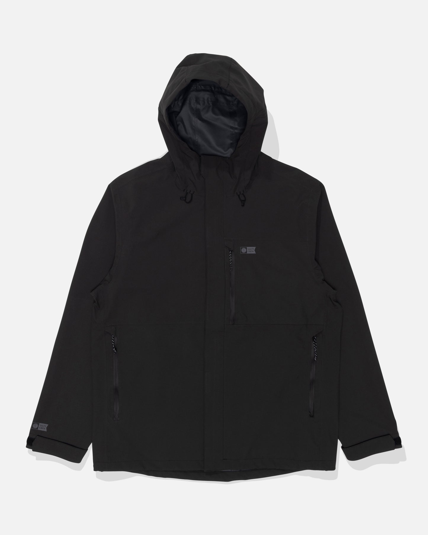 The Salty Crew Long Range Jacket - Black is shown laid flat against a white background. This waterproof jacket features a front zipper, two zippered side pockets, adjustable drawstrings on the hood, and taped seams for enhanced protection—designed to keep you dry and comfortable in wet conditions.