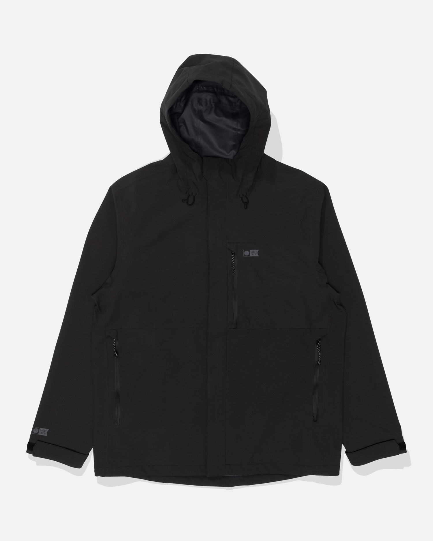 The Salty Crew Long Range Jacket - Black is shown laid flat against a white background. This waterproof jacket features a front zipper, two zippered side pockets, adjustable drawstrings on the hood, and taped seams for enhanced protection—designed to keep you dry and comfortable in wet conditions.