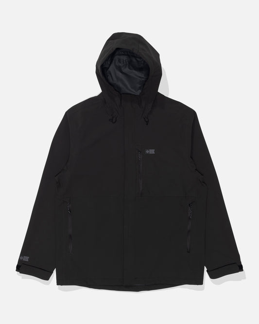The Salty Crew Long Range Jacket - Black is shown laid flat against a white background. This waterproof jacket features a front zipper, two zippered side pockets, adjustable drawstrings on the hood, and taped seams for enhanced protection—designed to keep you dry and comfortable in wet conditions.