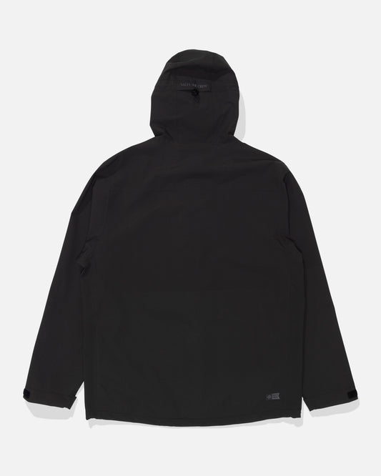 The Salty Crew Long Range Jacket in black is displayed flat, showing the back side with long sleeves and adjustable cuffs. This waterproof jacket features taped seams for added protection against the elements.