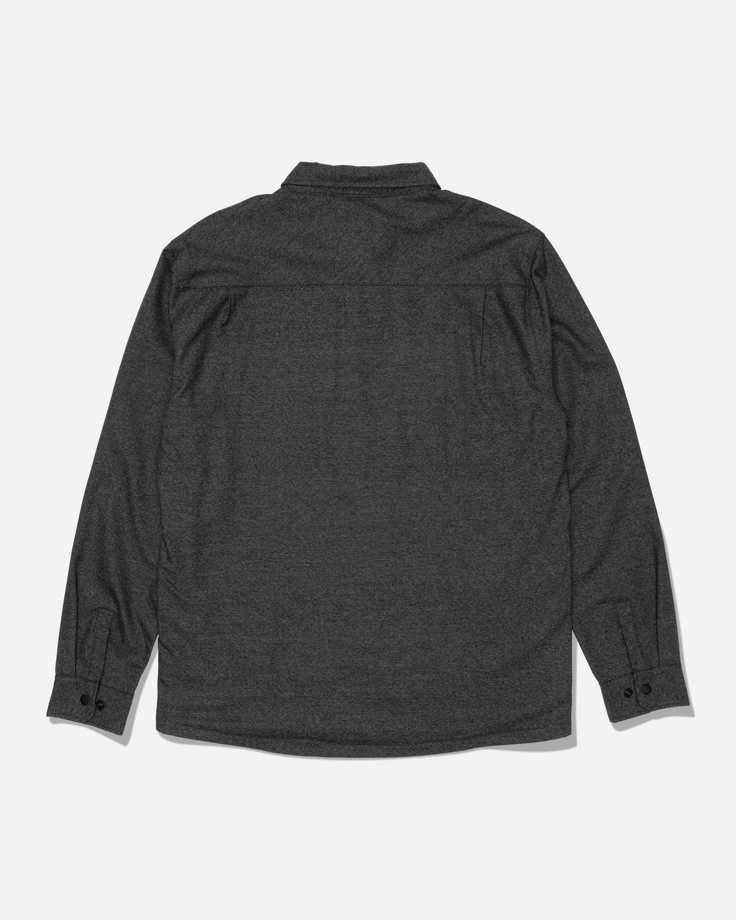 The Salty Crew Fathom Tech Shacket in Agave—a dark gray, long-sleeve, mid-weight twill shirt with button cuffs—is shown laid flat with the back facing up against a plain white background.