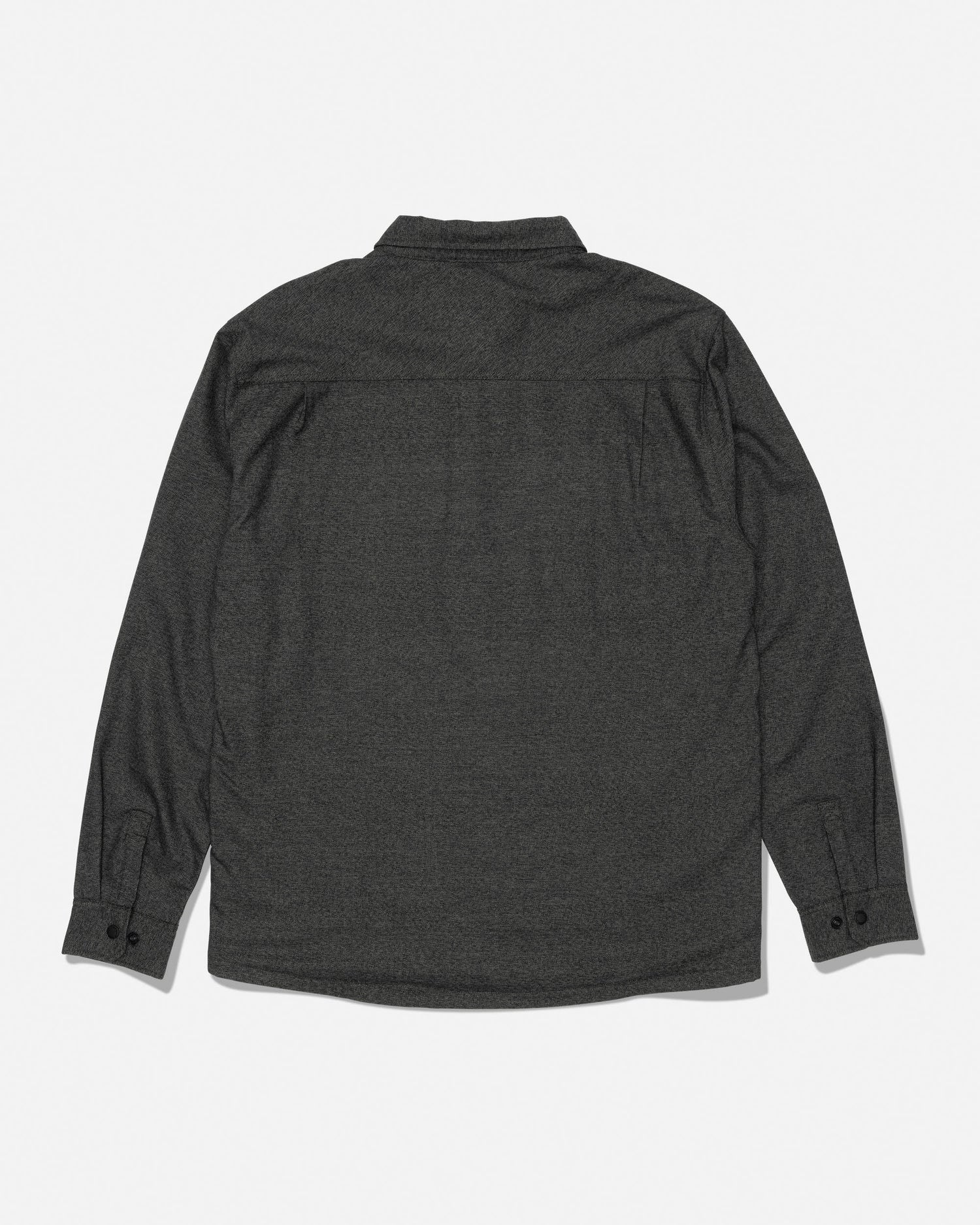 The Salty Crew Fathom Tech Shacket in Agave—a dark gray, long-sleeve, mid-weight twill shirt with button cuffs—is shown laid flat with the back facing up against a plain white background.