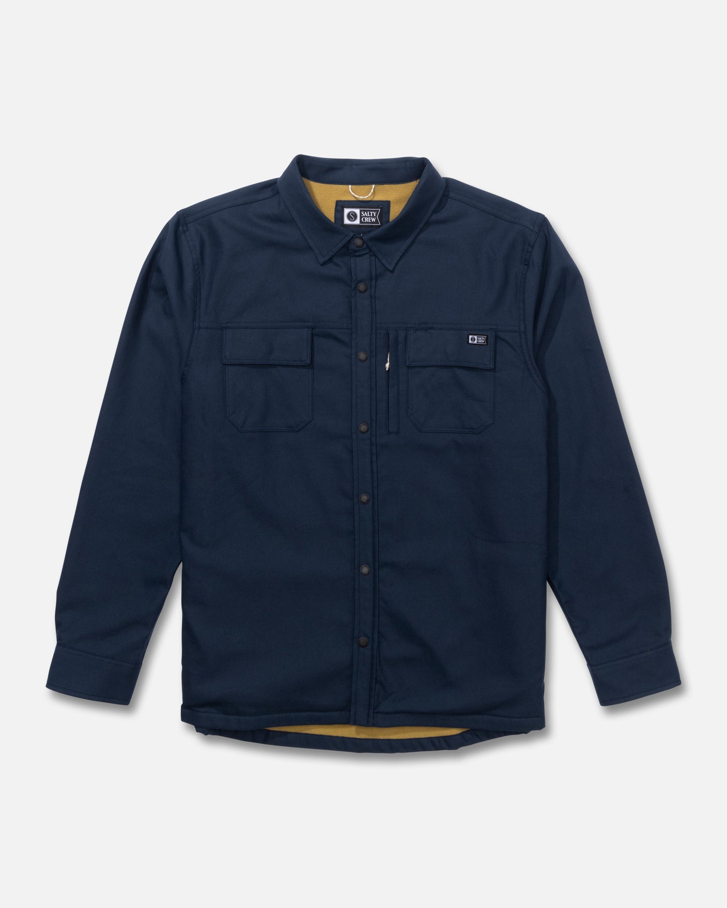 Front view of the Fathom Long Sleeve Tech Shacket - Midnight Navy. 
