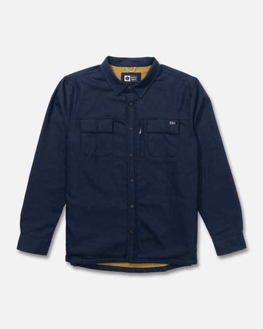 Front view of the Fathom Long Sleeve Tech Shacket - Midnight Navy. 