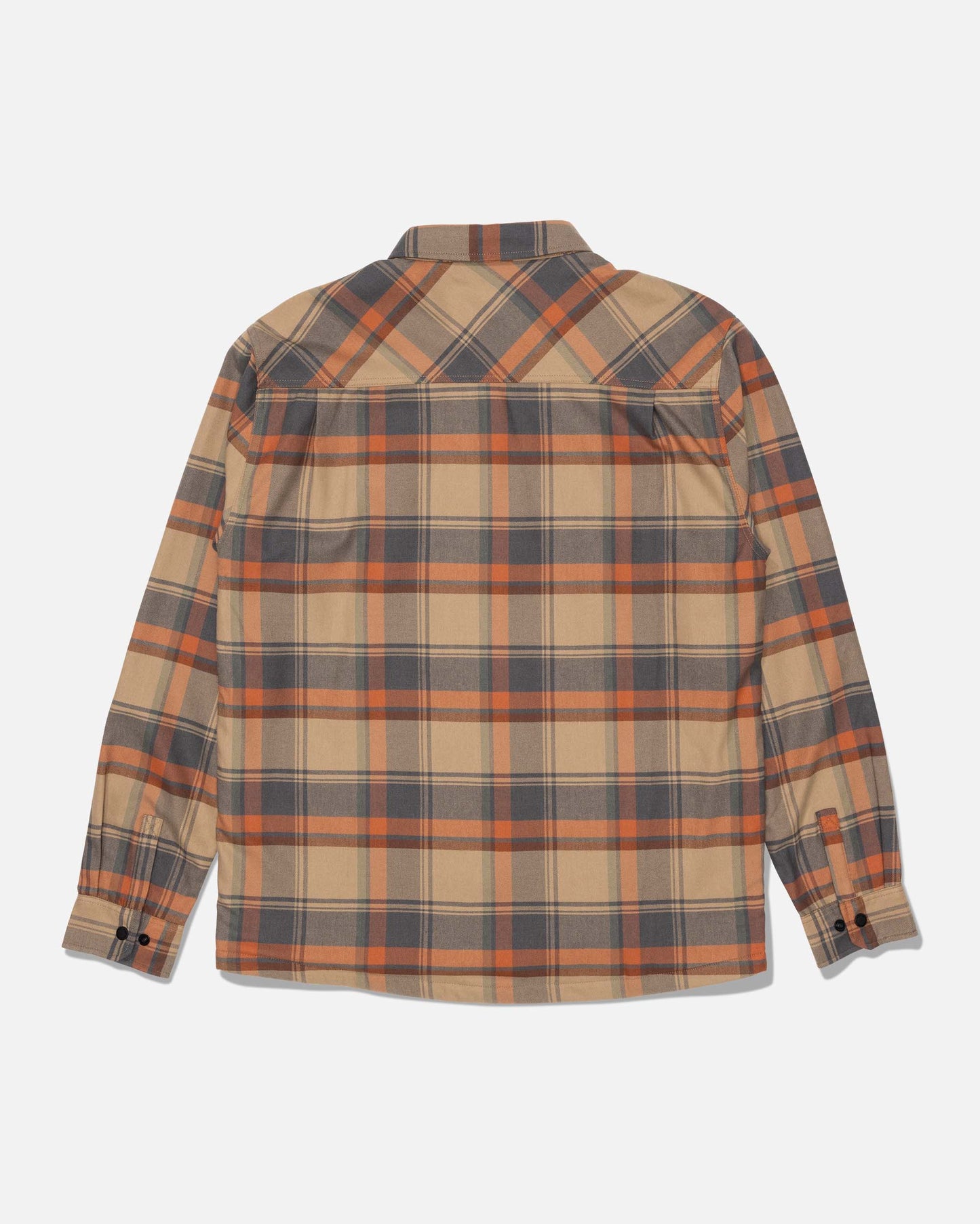 The Salty Crew Fathom Tech Shacket - Twig is laid flat, back side up on a white background. Crafted from mid-weight twill for durability and comfort, this long-sleeve button-up features a tan, orange, and gray yarn-dyed plaid pattern.