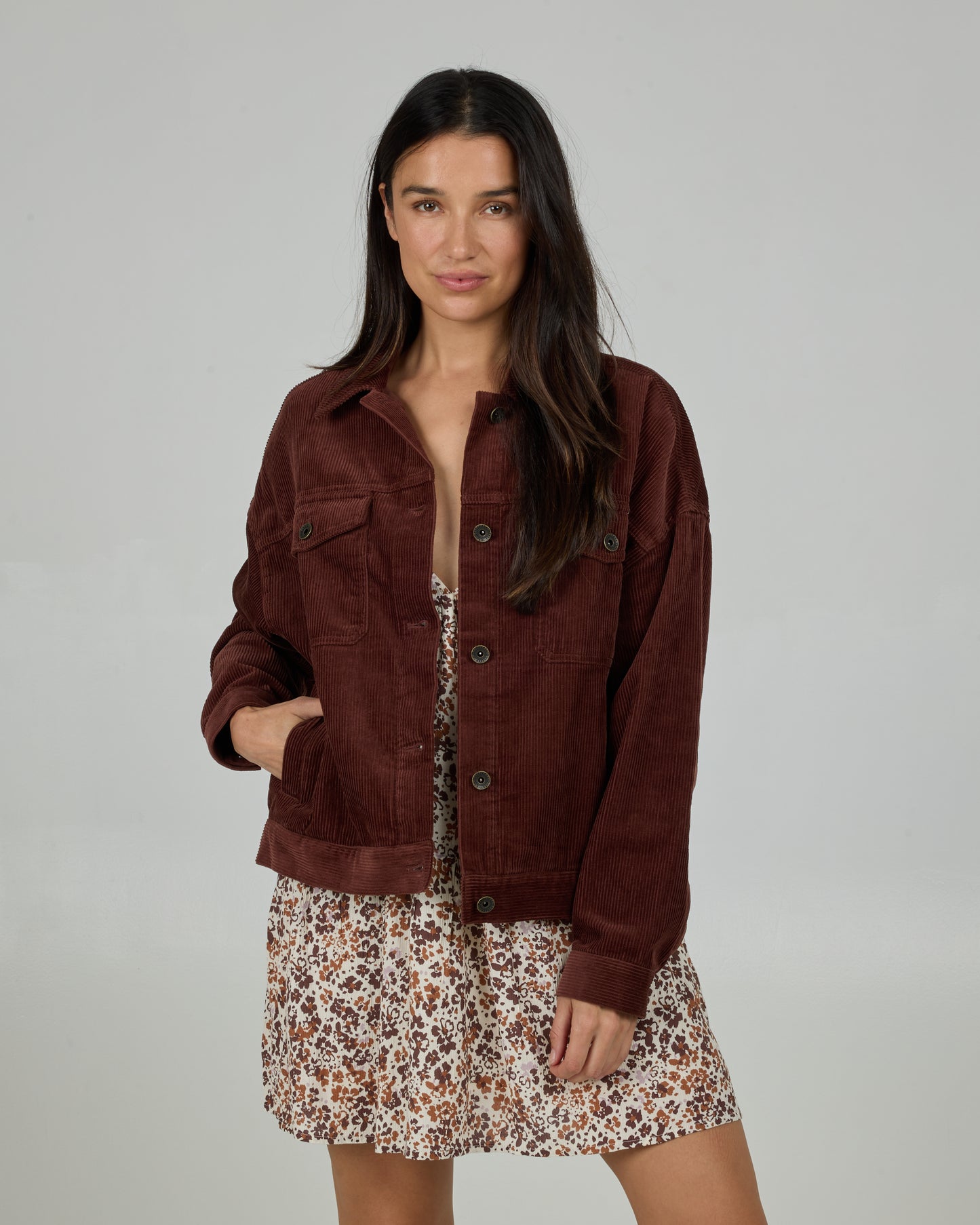Front view of the Boardwalk Jacket - Chocolate. 